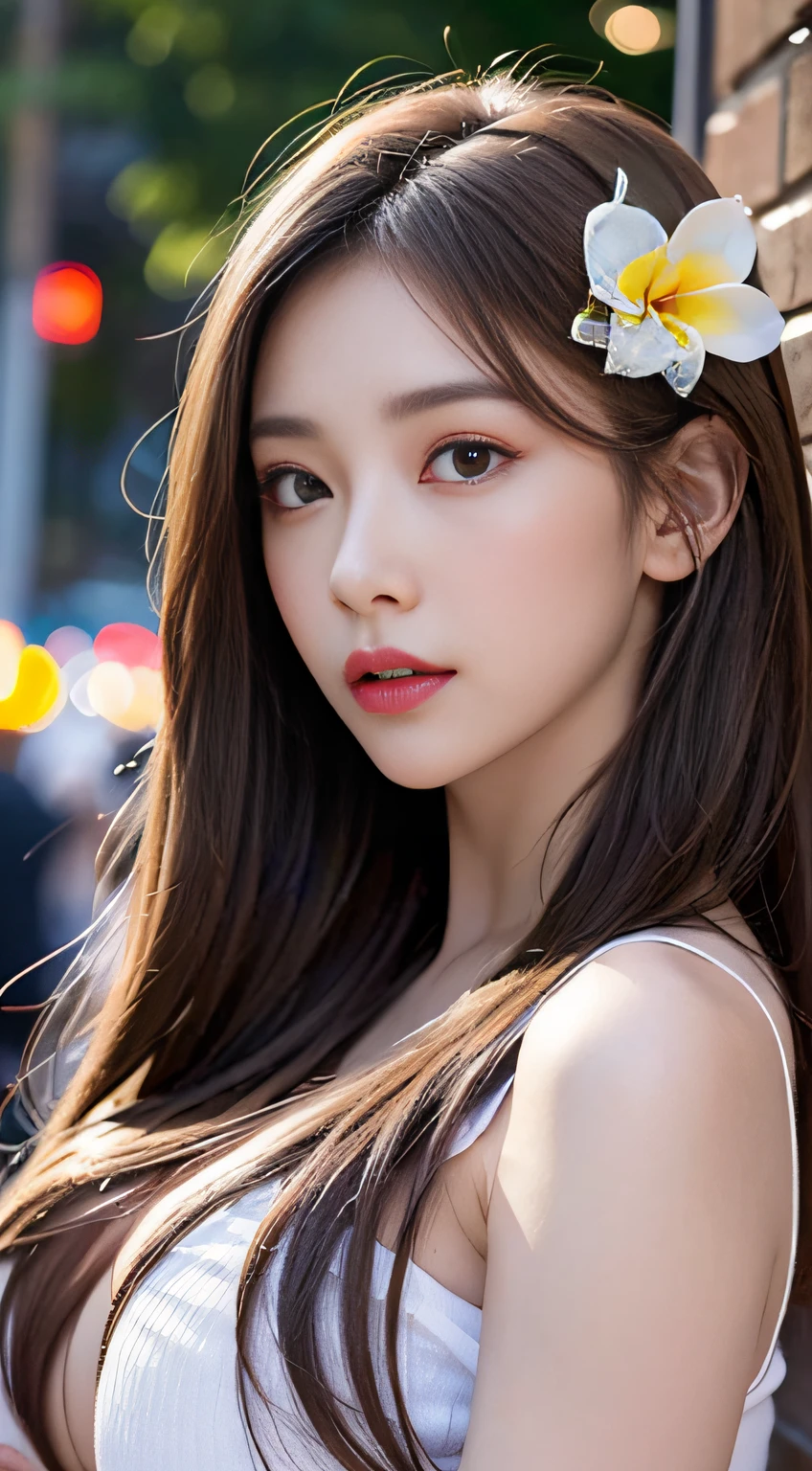 ((Realistic Lighting、The Highest Quality、8K、master masterpiece:1.3))、Clear Focus:1.2、1人の女の子、Perfect Body Beauty:1.4、Slim abs:1.1、total body、((darkbrown hair、gigantic tits:1.3))、(Acceleration:1.4)、(out door、NIGHT:1.1)、View of Waikiki Beach、Slender face、fine eyes、Double Eyelid、poses of fashion models、Floating hair、Plumeria hair ornament、T shirt、