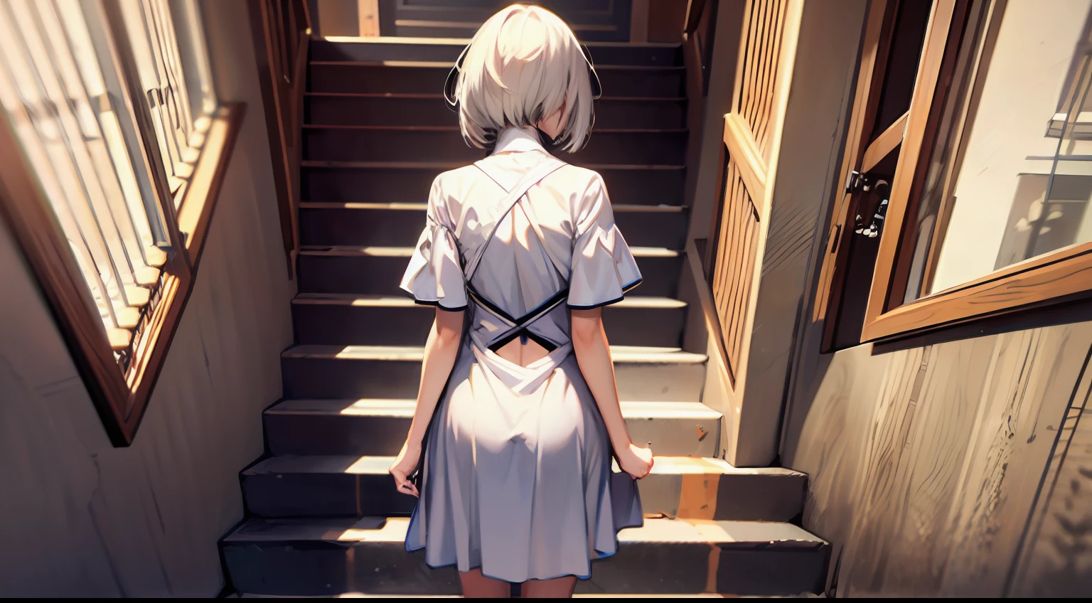 master masterpiece,Best quality,gal girl,Long White Hair,up the stairs,Living Room,Expression tired,back view