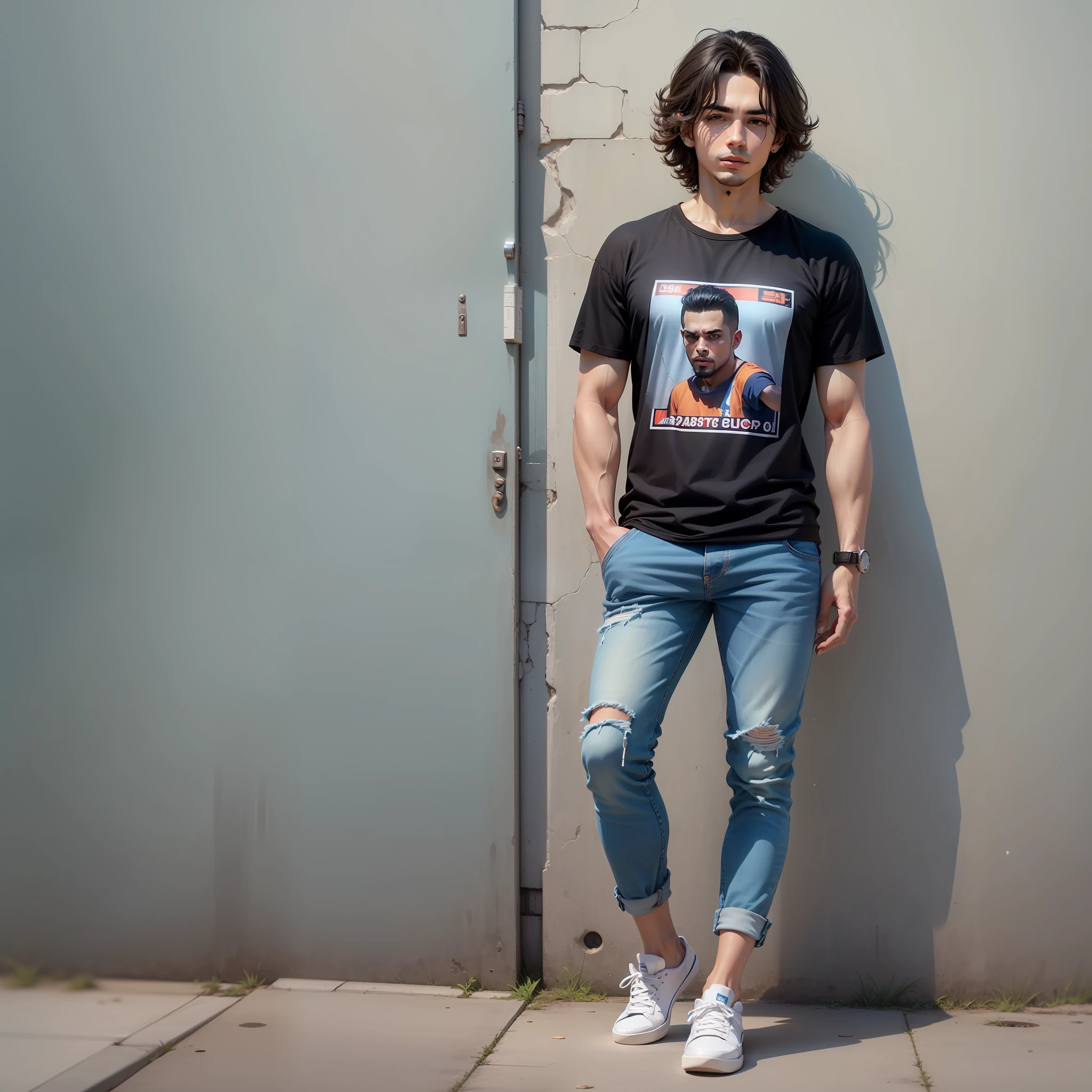 Um menino negro, cabelo crespo, camisa azul, jeans and blue sneakers, corpo inteiro