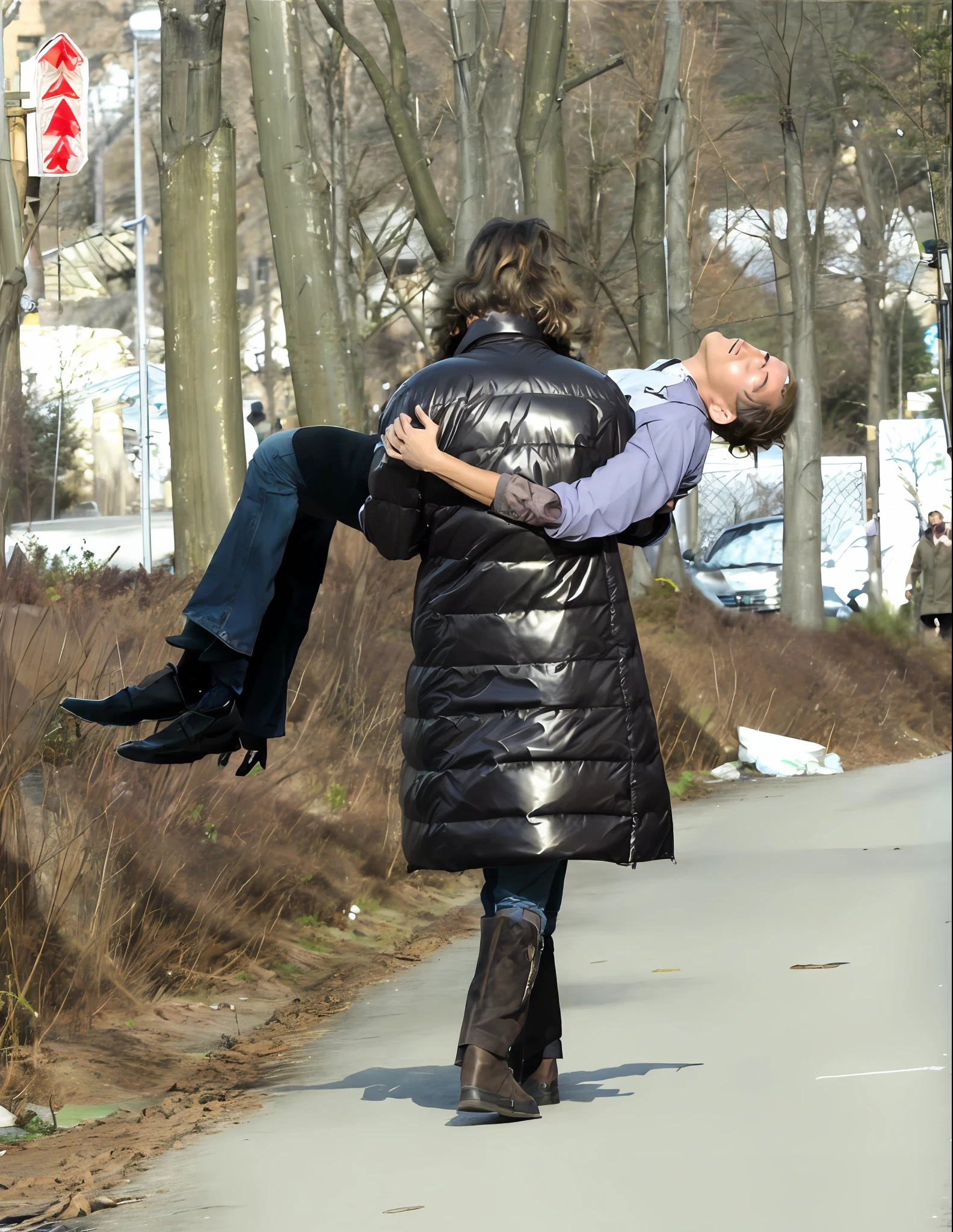 affection pose, lecherous action pose, dramatic action pose, theatralic pose, woman that is carrying a skinny man, there is a beautiful woman in a shiny coat who is carrying a blond man in her arms, a longhaired beautiful woman in a high-shine black puffy coat, a longhaired woman in a shiny downcoat, a woman is carrying a shorthaired man who is wearing black shorts, a weak man in black shorts is consciousless and needs to be carried, a shorthaired man with closed eyes is carried in the arms of a longhaired woman, a woman looks very scared and terrified, a consciousless man with closed eyes is suffering very much and has a very painful face, photo, photo shoot, photographed , accident, help, aid, first aid, pity, they are walking down the street carrying each other, future inflatable jacket, slightly sunny weather, wearing a plastic garbage bag, by Jan Rustem, warm sunshine, posing like a falling model, action shot girl in parka, photoshoot, behind the scenes, on ground, air is being pushed around him, no surroundings, levitating, wearing a flying jacket