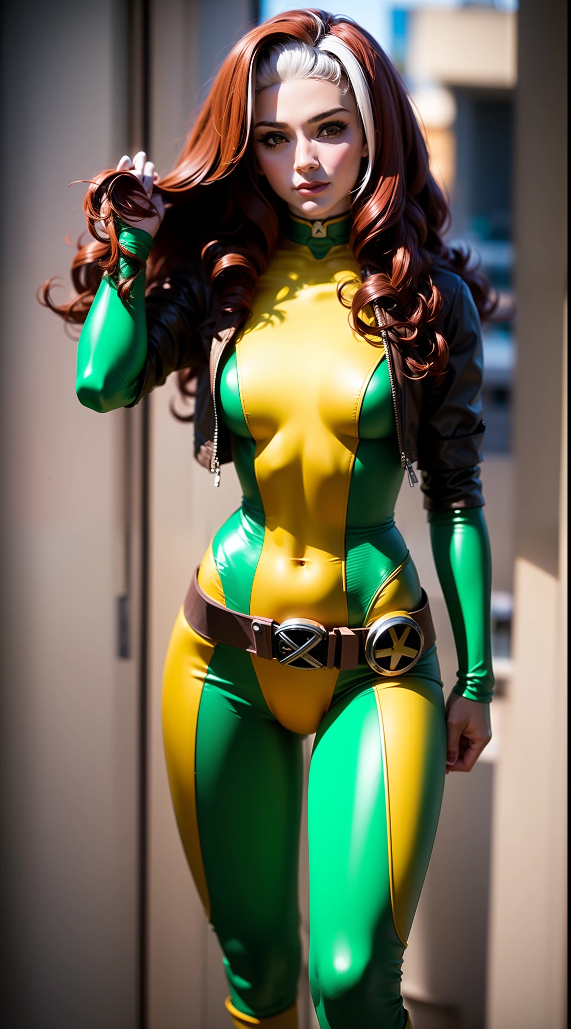 linda mulher, rosto detalhado, rosto bonito, mechas brancas no cabelo, beleza, cosplay da Vampira (X-Men), ((Rogue X-men), Vampira do X-men, mecha branca no cabelo, cabelo castanho, roupa verde e amarela, Cor amarela no meio da roupa na vertical, jaqueta marrom, faixa verde na testa, um cinto com um X no meio, voando, Um X de X-men no peito, efeito de vento, foto de corpo inteiro, figura proeminente, noite, foto (Obra-prima) (Melhor qualidade) (detalhe) (8K) (HD) (Papel de parede) (cinematic lightining) (Crisp focus) (Intrincado), sexy, chuva, molhada, raios, melhor qualidade, Ultra high resolution, fotorrealista, retrato de corpo inteiro, incrivelmente bonito, dynamic poses, textura de pele detalhada, pele altamente detalhada, rosto detalhado, pernas bonitas, peitos grandes, poderosa