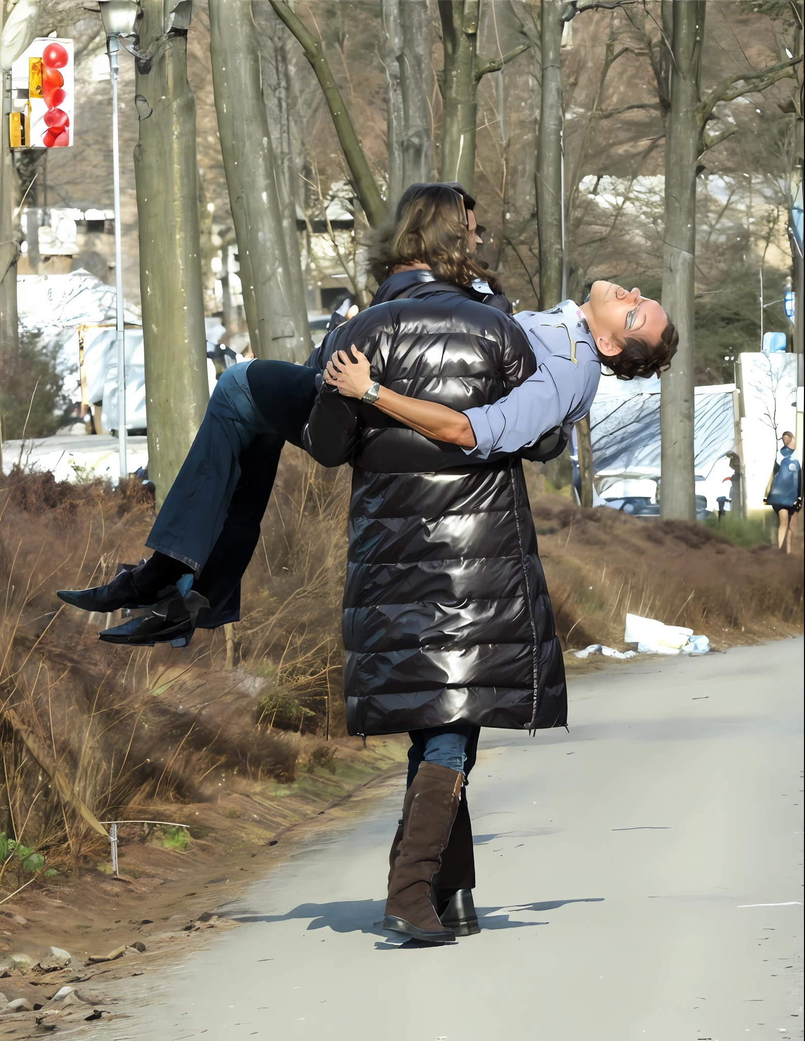 affection pose, lecherous action pose, dramatic action pose, theatralic pose, woman that is carrying a skinny man, there is a beautiful woman in a shiny coat who is carrying a blond man in her arms, a longhaired beautiful woman in a high-shine black puffy coat, a longhaired woman in a shiny downcoat, a woman is carrying a shorthaired man who is wearing black shorts, a weak man in black shorts is consciousless and needs to be carried, a shorthaired man with closed eyes is carried in the arms of a longhaired woman, a woman looks very scared and terrified, a consciousless man with closed eyes is suffering very much and has a very painful face, photo, photo shoot, photographed , accident, help, aid, first aid, pity, they are walking down the street carrying each other, future inflatable jacket, slightly sunny weather, wearing a plastic garbage bag, by Jan Rustem, warm sunshine, posing like a falling model, action shot girl in parka, photoshoot, behind the scenes, on ground, air is being pushed around him, no surroundings, levitating, wearing a flying jacket