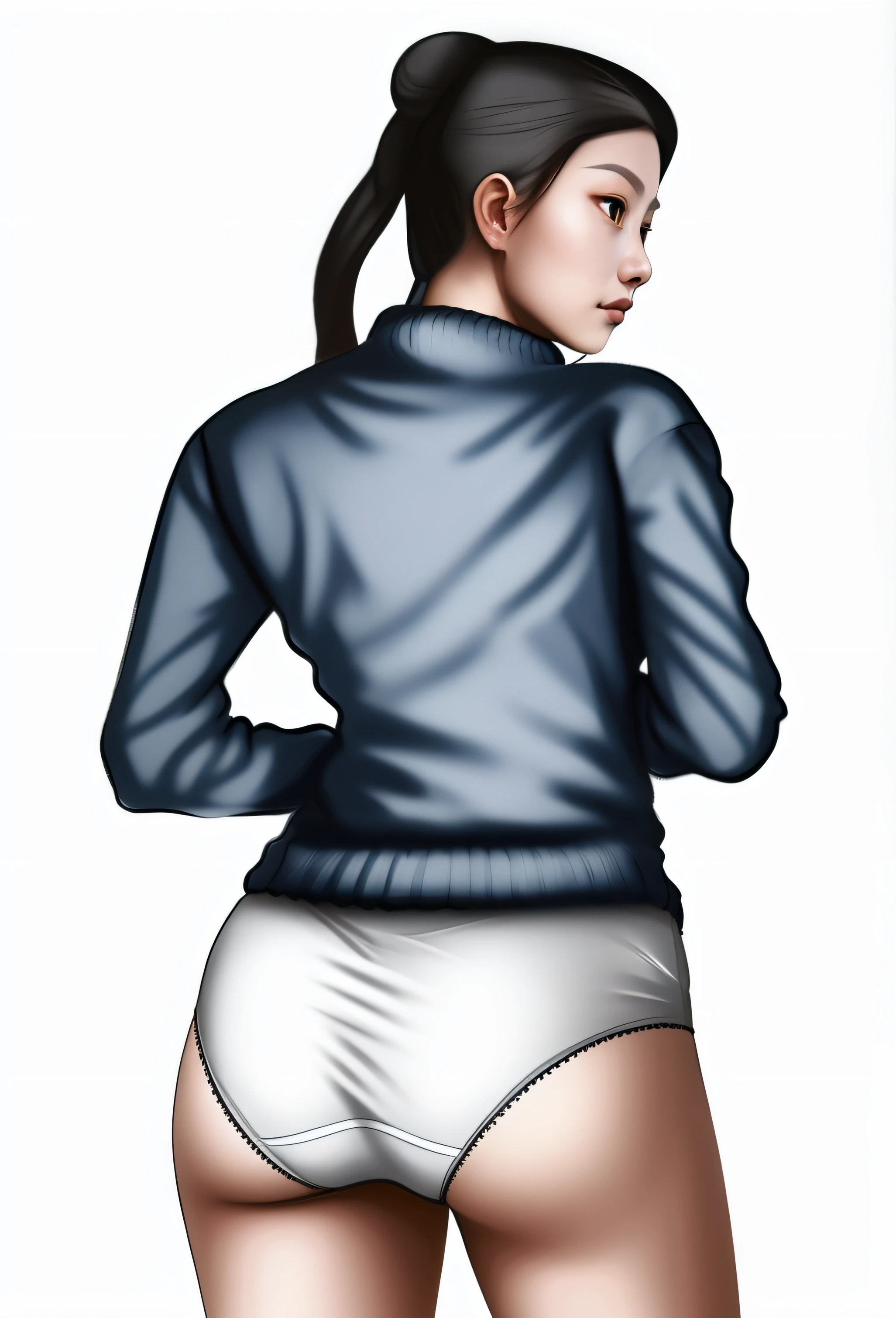 Chinese woman in blue sweater and white cotton panties, realistic art style, intricate details