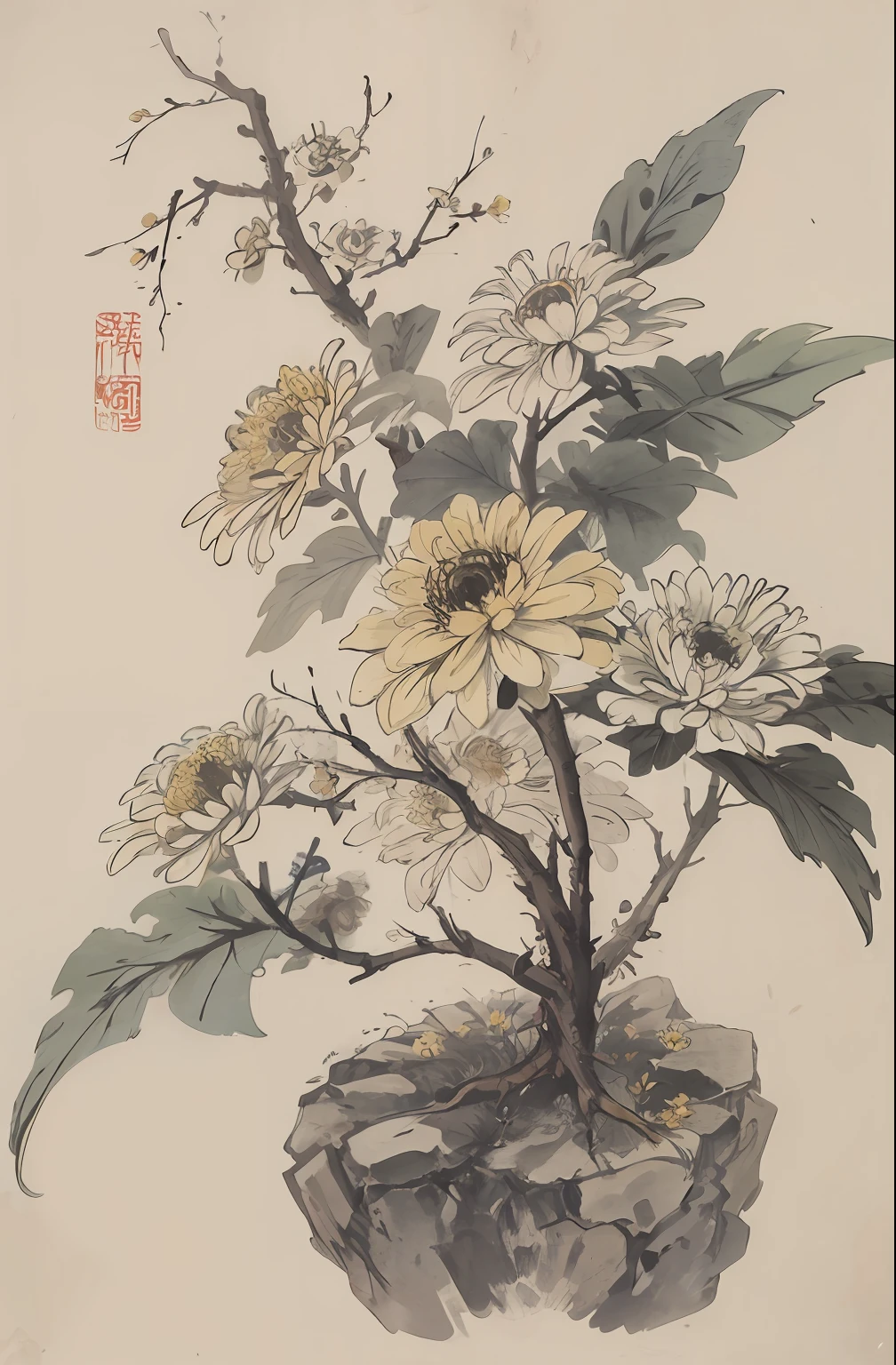(master masterpiece,best best quality:1.2),chinese traditional ink painting,chrysanthemums,Chrysanthemums have a wide variety of appearance characteristics,The flowers are conical or globular,Petals come in a variety of colors and shapes,The flower center is often yellow or golden yellow。The stem is erect or obliquely extended,The height can reach tens of centimeters to several meters。The leaves are ovate or inverted ovate,There are jagged edges。The inflorescences vary in morphology,There are scatters、Conical or umbel-shaped inflorescences。The root system is slender and developed。generally,Chrysanthemums are changeable and beautiful in shape,It is a floral plant with its own characteristics。