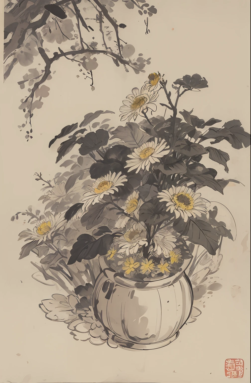 (master masterpiece，best best quality：1.2），chinese traditional ink painting，chrysanthemums，Chrysanthemums have a wide variety of appearance characteristics，The flowers are conical or globular，Petals come in a variety of colors and shapes，The flower center is often yellow or golden yellow。The stem is erect or obliquely extended，The height can reach tens of centimeters to several meters。The leaves are ovate or inverted ovate，There are jagged edges。The inflorescences vary in morphology，There are scatters、Conical or umbel-shaped inflorescences。The root system is slender and developed。generally，Chrysanthemums are changeable and beautiful in shape，It is a floral plant with its own characteristics。