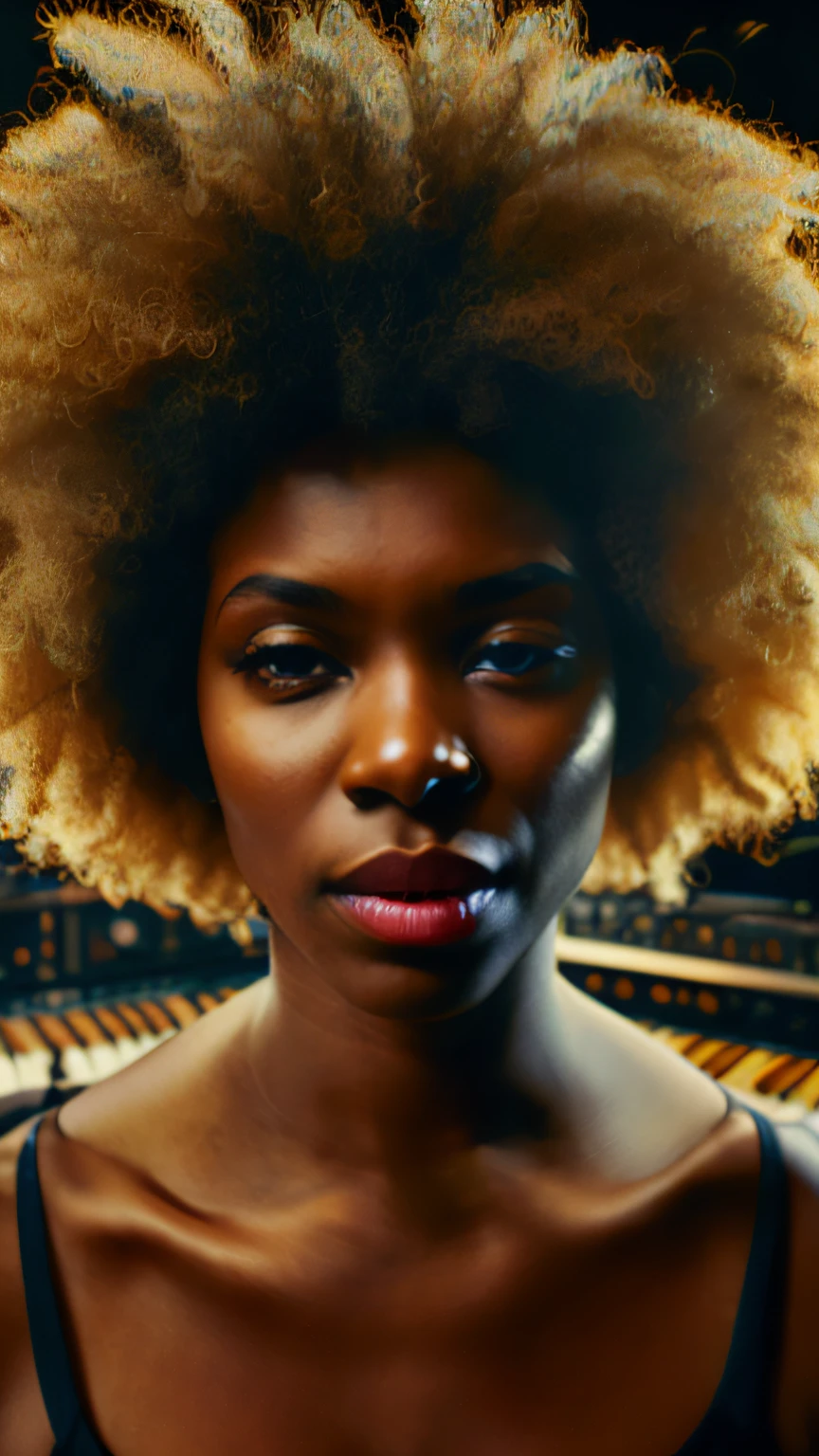 Il y a une femme avec de gros cheveux afro posant pour une photo, photo of a black woman, energetic jazz piano portrait, Portrait moyen en gros plan, Maria Borges, detailed portrait shot, close up portrait photo, Afro Tech, high quality portrait, portrait photo, portrait of ororo munroe, promo art, avec afro, afro, color photograph portrait 4k