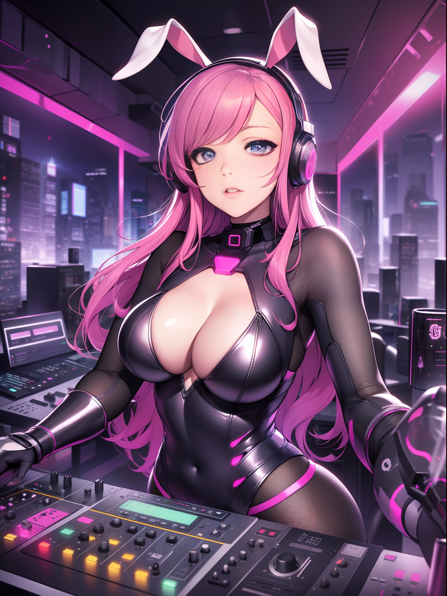 maximum quality,Best qualities,Very Detail,cleavage,fullness,beautiful female android, Pink hair A woman with rabbit ears ,DJing ,The background is a nightclub,cyberPunk