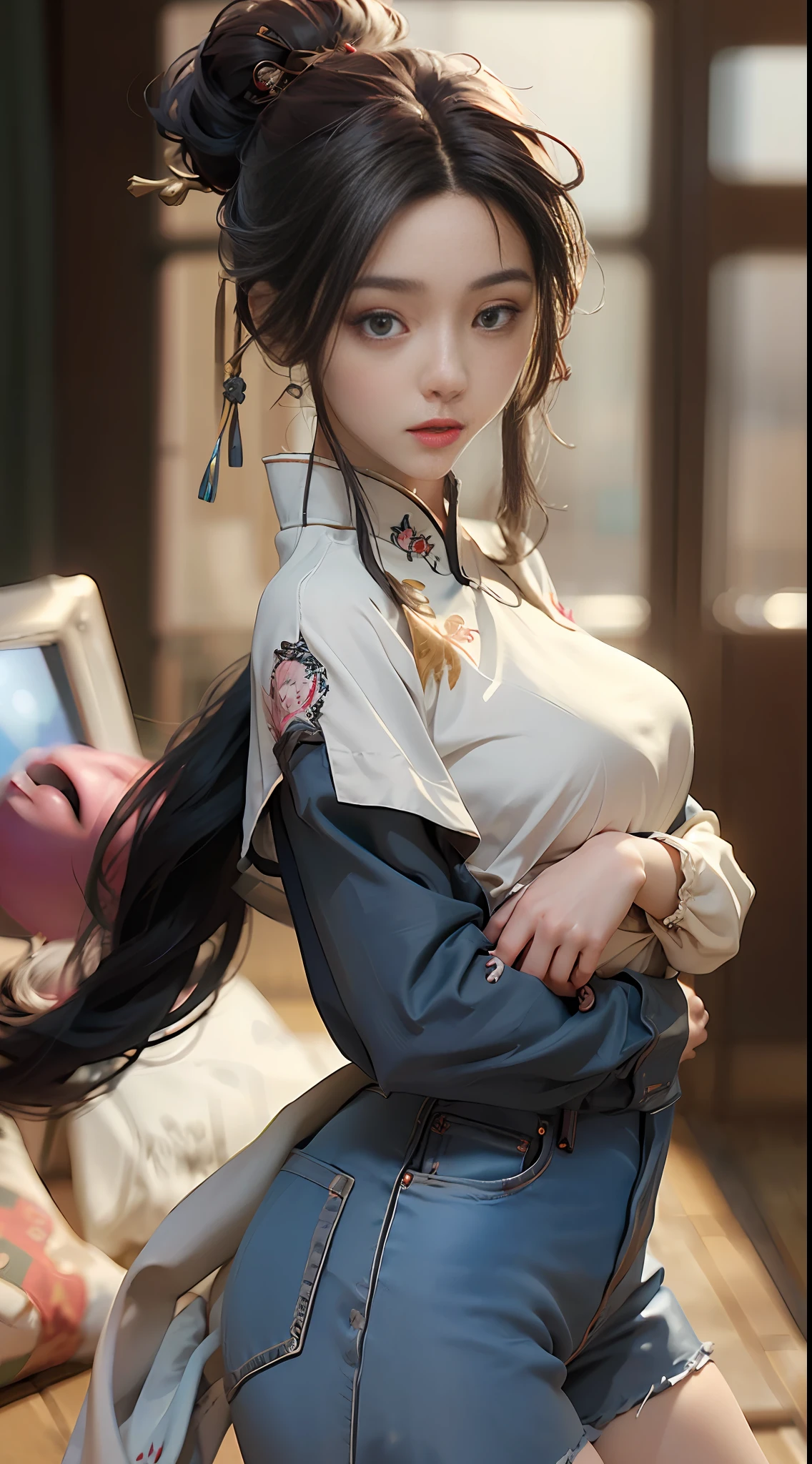 ((bestbestquality)), ((master masterpiece)), (Detail:1.4), 3D, A beautiful cyberpunk female image,HDR（high dynamic range）,ray traced,NVIDIA RTX,Super-Resolution,Unreal 5,Subsurface scattering、pbr texturing、Postprocess、Anisotropic Filtering、depth offield、Maximum Clarity and Clarity、Multilayer texture、Albedo and Specular map、Surface coloring、Mitsu-Accurate simulation of material interactions、Perfect Scale、Octane Render、Two-color light、large aperture、low ISO、white balance、Rule of Thirds、8K RAW、araffe woman wearing a mask and denim shorts standing in a room, Ulzzang, full body xianxia, trending at cgstation, 2 4 year old female model, gorgeous Chinese model, kanliu666, Korean girls, gorgeous young Korean woman, photo of slim girl, cruel korean goth girl, 8k)), smooth white tight clothes suit