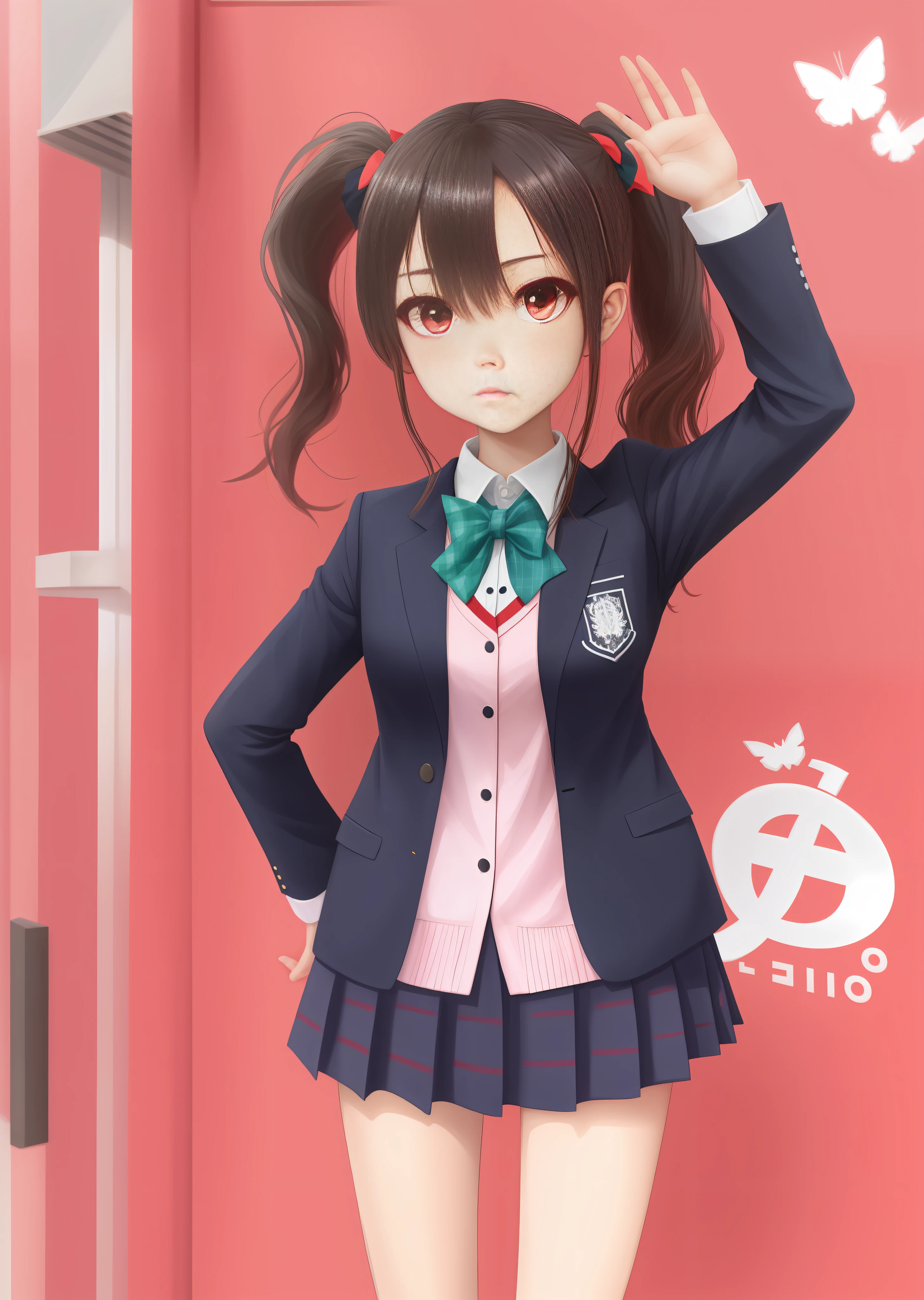 Double ponytail, red eyes, school uniform