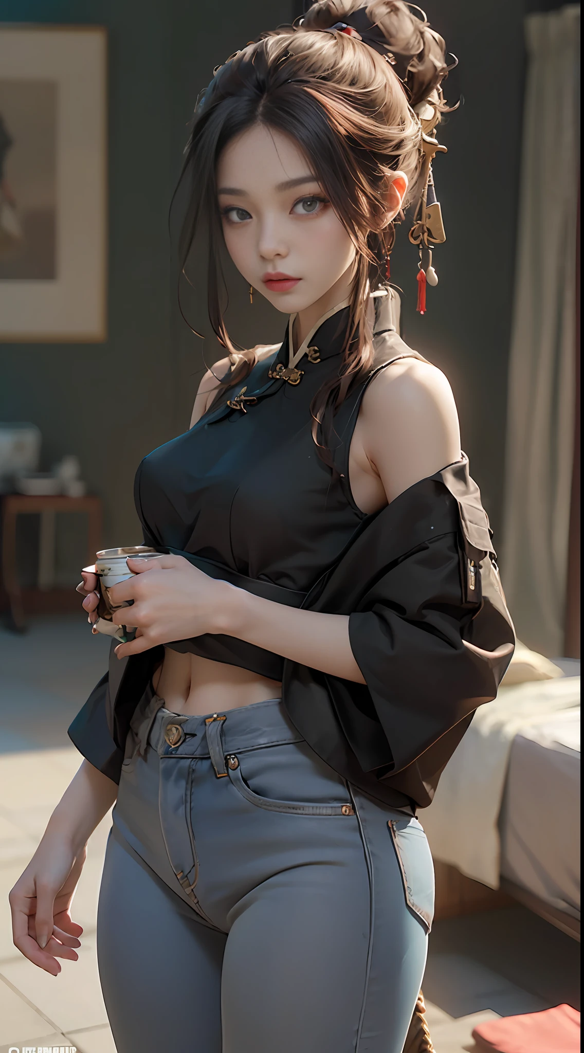 ((bestbestquality)), ((master masterpiece)), (Detail:1.4), 3D, A beautiful cyberpunk female image,HDR(high dynamic range),ray traced,NVIDIA RTX,Super-Resolution,Unreal 5,Subsurface scattering、pbr texturing、Postprocess、Anisotropic Filtering、depth offield、Maximum Clarity and Clarity、Multilayer texture、Albedo and Specular map、Surface coloring、Mitsu-Accurate simulation of material interactions、Perfect Scale、Octane Render、Two-color light、large aperture、low ISO、white balance、Rule of Thirds、8K RAW、araffe woman wearing a mask and denim shorts standing in a room, Ulzzang, full body xianxia, trending at cgstation, 2 4 year old female model, gorgeous Chinese model, kanliu666, Korean girls, gorgeous young Korean woman, photo of slim girl, cruel korean goth girl, 8k)), smooth white tight clothes suit