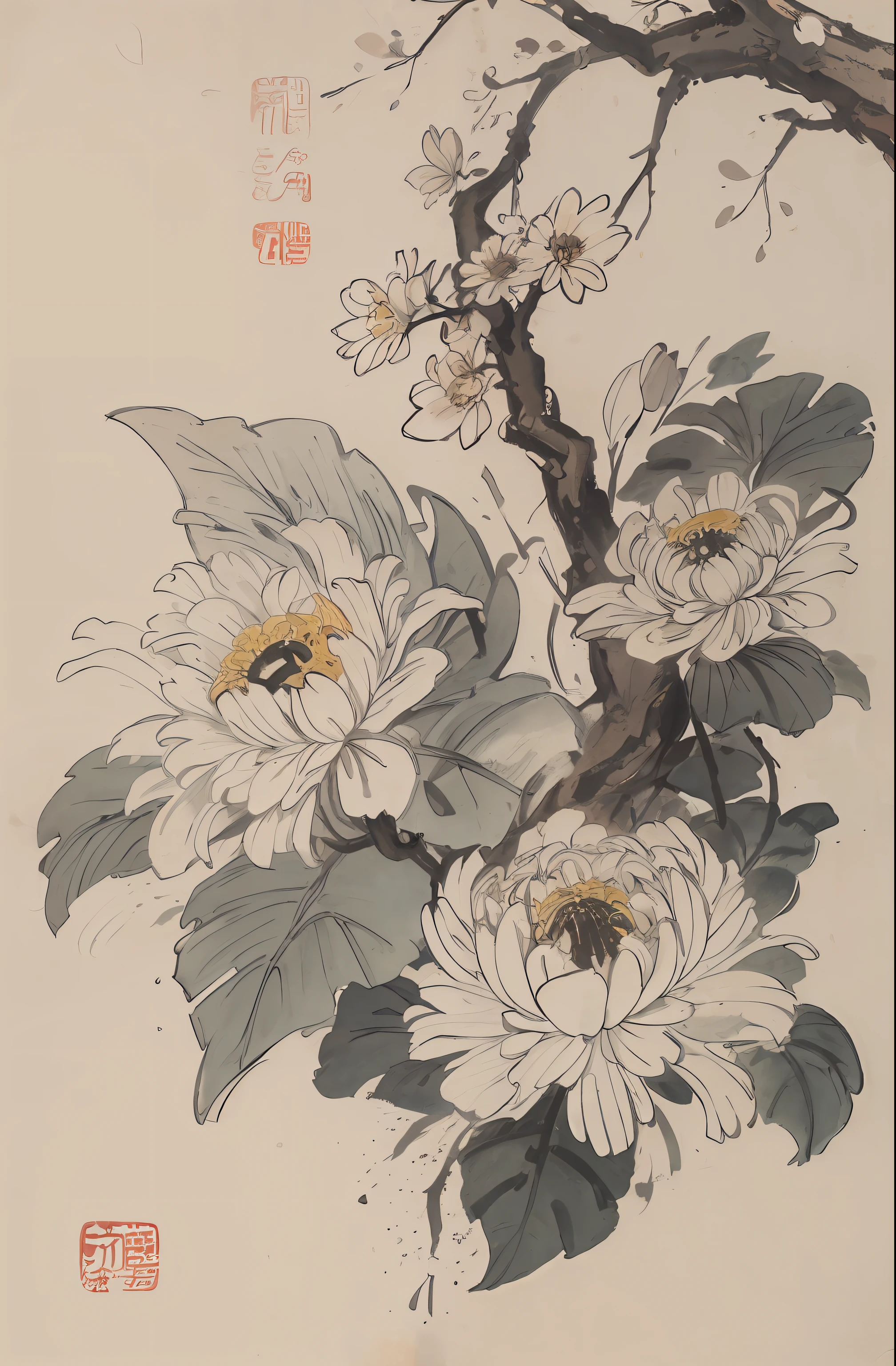 (master masterpiece,best best quality:1.2),chinese traditional ink painting,chrysanthemums,Chrysanthemums have a wide variety of appearance characteristics,The flowers are conical or globular,Petals come in a variety of colors and shapes,The flower center is often yellow or golden yellow。The stem is erect or obliquely extended,The height can reach tens of centimeters to several meters。The leaves are ovate or inverted ovate,There are jagged edges。The inflorescences vary in morphology,There are scatters、Conical or umbel-shaped inflorescences。The root system is slender and developed。generally,Chrysanthemums are changeable and beautiful in shape,It is a floral plant with its own characteristics。