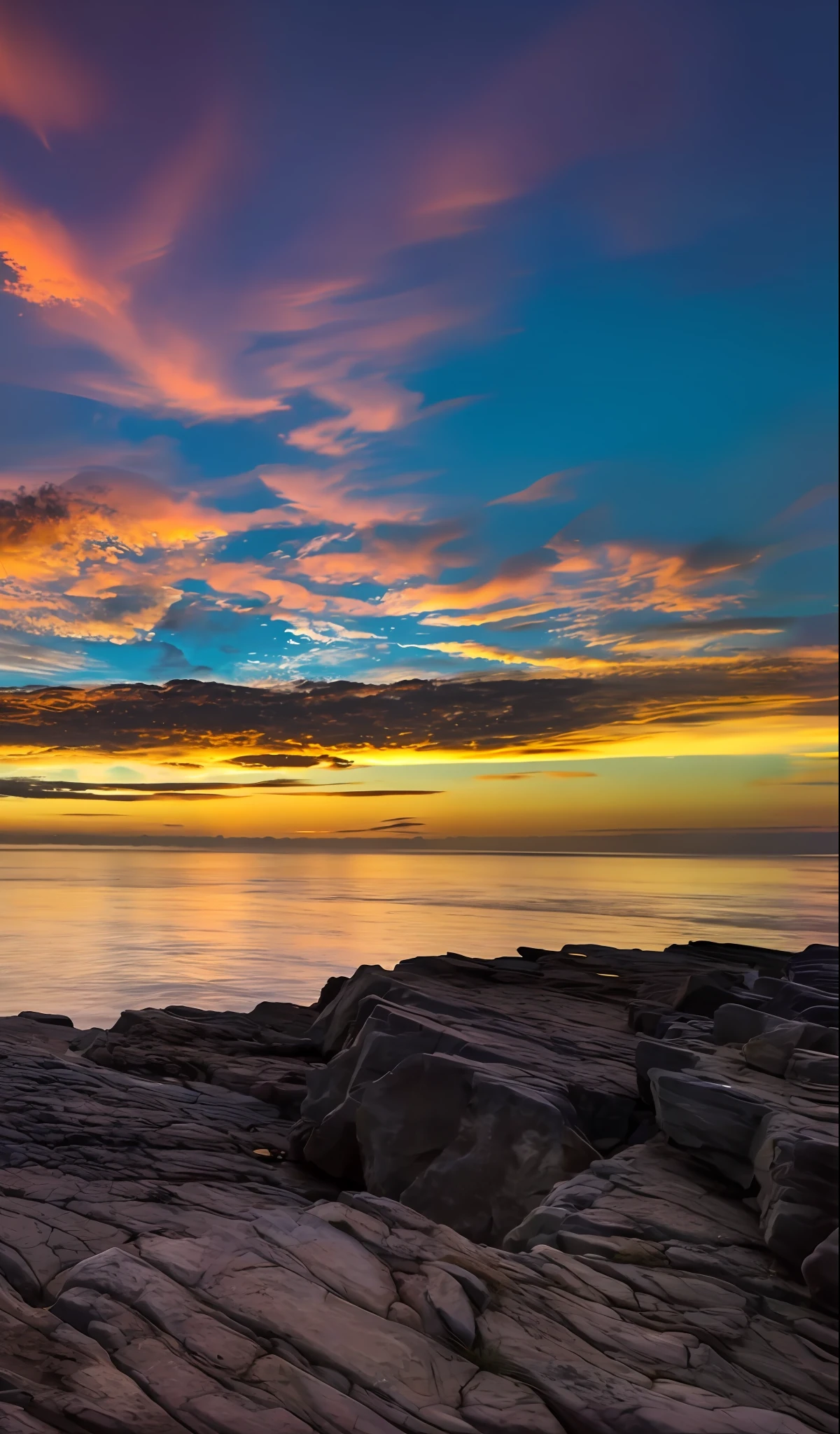 a view of a sunset over the ocean with rocks and water,sunset glow,serene colors,sunrise colors,golden glow,looking into the horizon,cliff side at dusk,今日的特色照片4k,morning light,rocky shore,fades to the horizon,gazing off into the horizon,the colours of the sunset,vibrant hues,colours of the sunset