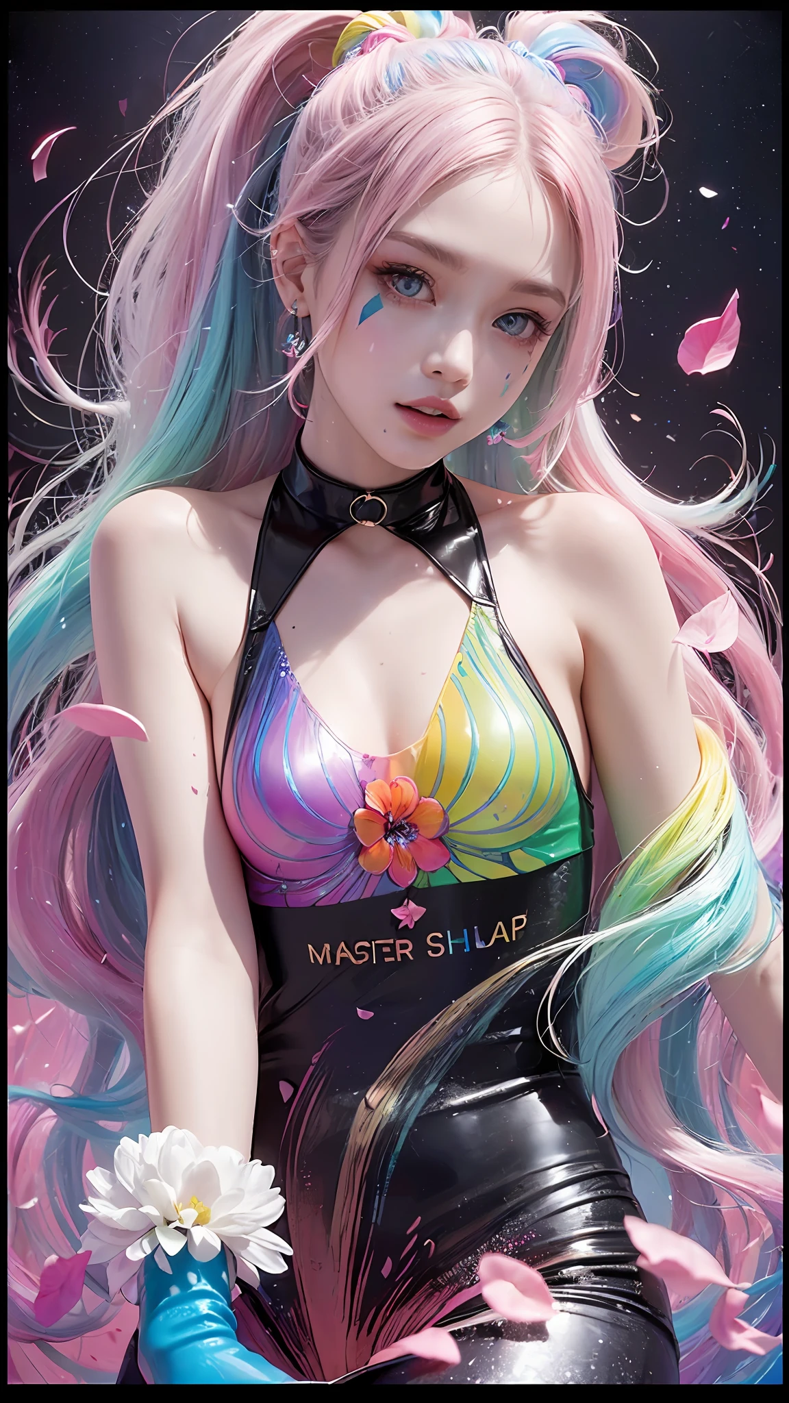 Full Body Portrait、(Pink Fashion T-Shirt:1.9)、(colourful hair:1.8)、(All colors of the rainbow:1.8)、((((vertical painting:1.6)))、(painterly、:1.6)、front Face、comic、An illustration、painterly、、big Eyes、Crystal clear eyes、(Iridescent gradient high ponytail:1.7)、Exquisite makeup、mouth closed、(Small fresh:1.5)、(Wipe chest:1.6)、long eyelash、white off-Ang-shoulder T-shirt、、White shoulder shirt、Looking at the audience、Big watery eyes、(Iridescent hair:1.6)、 color splash, (solo、:1.8), color splash, Color explosion, Thick paint style, Messy lines, ((resplendent)), (COLORFUL), (COLORFUL), COLORFUL, COLORFUL, Chic paint style, (Splash) (color splash), vertical painting, upperbody, Paint Splash, Acrylic pigments, gradients, painti, highest quality, highest quality, Master peace、, solo、, depth offield, face-paint, colorfully clothes, (elegantly: 1.2), Gorgeous,slong hair, Wind, (elegantly: 1.3), (flower petals:1.4)、(((Master peace、)))、(((sthe highest qualit)))、((Super Detailed))、(An illustration)、(dynamic ungle)、((floating))、(painti)、((Tousled Hair))、(solo、)、(1女の子)、((Detailed Anima Face)))、((Beautiful Detailed Face))、collared、Bare Shoulder、white haired、((colourful hair))、(((streaked hair))、Beautiful Detailed Eyes、(Eyes in gradient colors)、(((colorful eyes))))、(colorful background))))、((((High Saturation))))、(((Surrounded by colorful splashes)))、