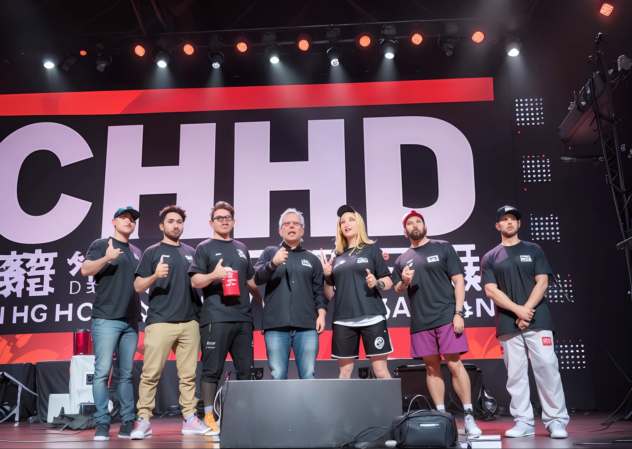 Several people stood on the stage，thumb up，There is a big screen behind him, huhd, h. ved. d, HDRP, 8 khdt, ved. h. d, huhd - 8 k, High Details, <hdt, hdt 4d, high definition detail, High Details, hgh, highly detaild, 3 2 k huhd
