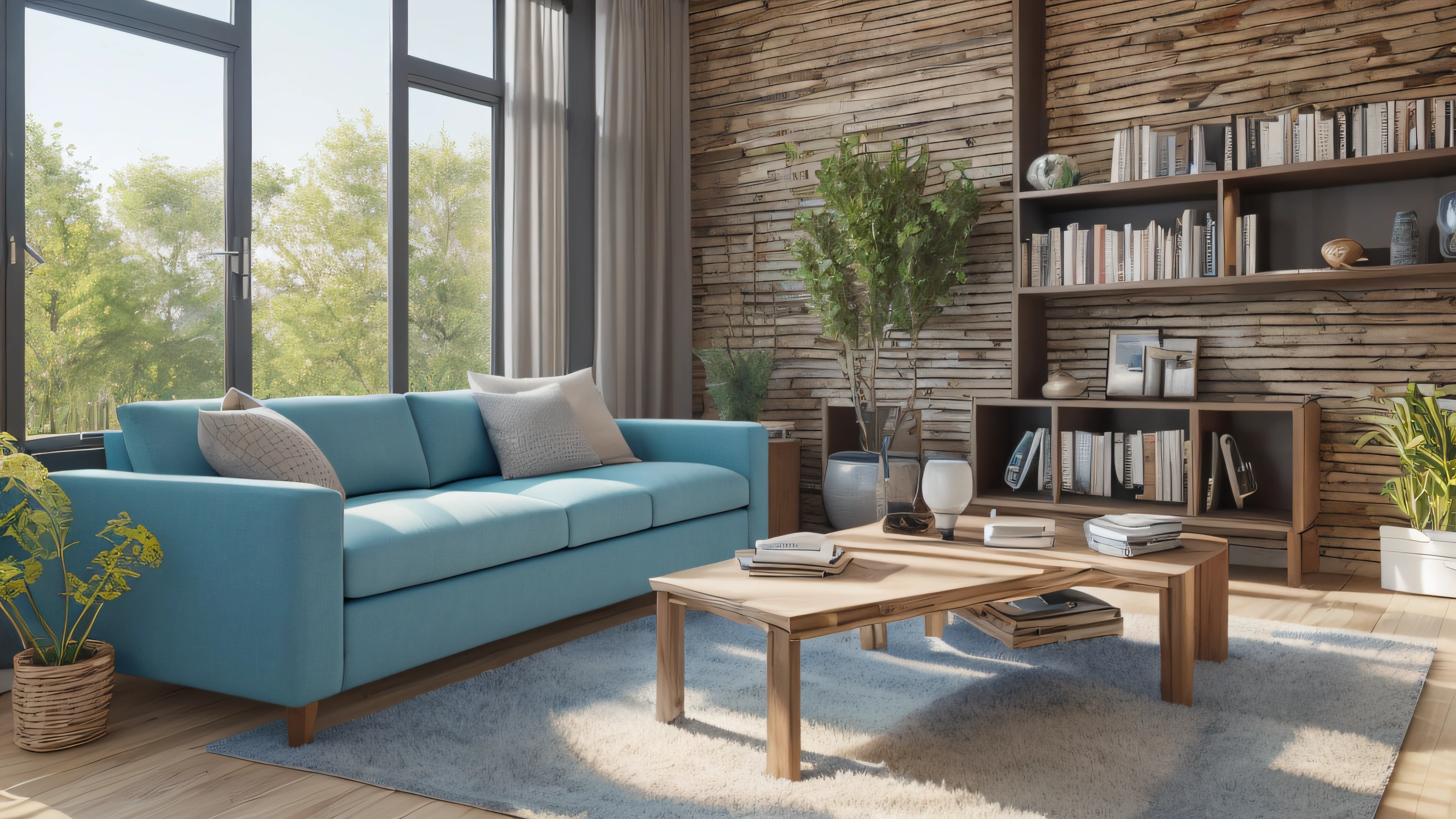 photorealistic modern living room, sharp and crisp background, sofa, low table, bookshelf, parks and buildings from window, wood and flower, beautiful landscape, best quality, masterpiece, hires, in the morning light, detailed lighting, blue sky, (((photo))), (((photorealistic))) ,kkw-ph1, wide shot, web meeting background