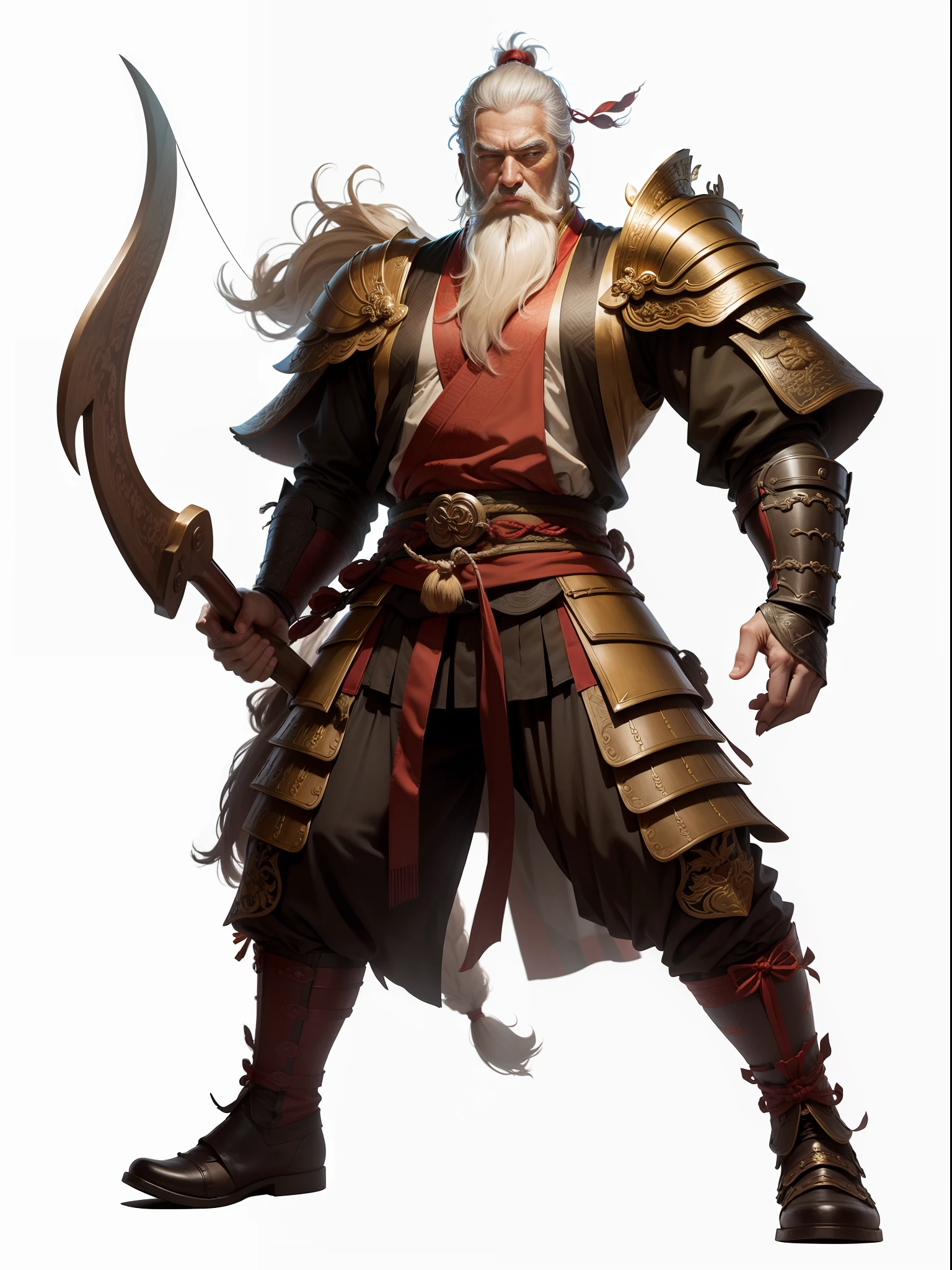 The image of Huang Zhong in the Romance of the Three Kingdoms,senior citizen,White beard,Hold a curved bow in hand,master masterpiece,High quality,great resolution