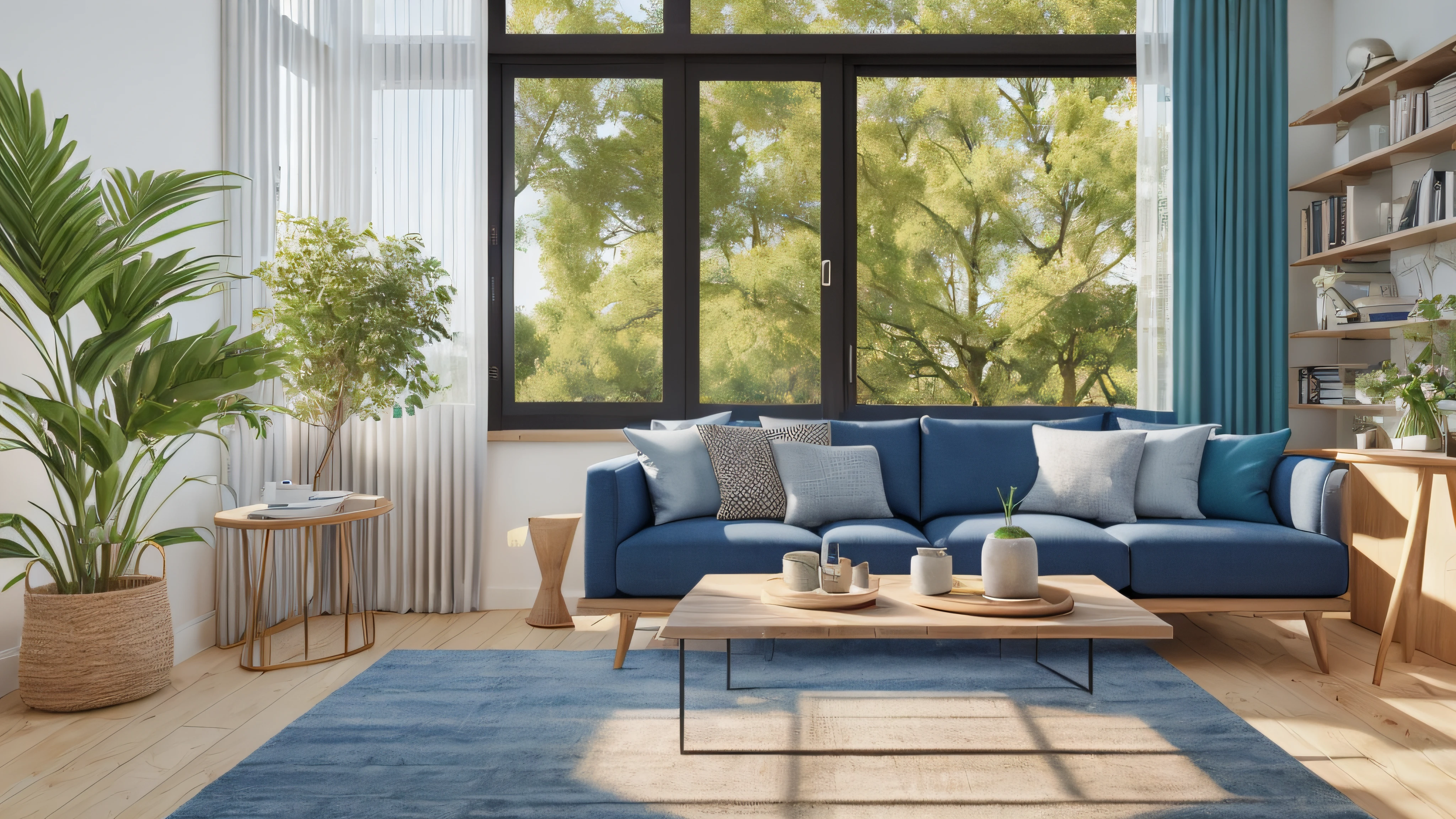 photorealistic modern living room, sharp and crisp background, sofa, low table, bookshelf, parks and buildings from window, wood and flower, beautiful landscape, best quality, masterpiece, hires, in the morning light, detailed lighting, blue sky, (((photo))), (((photorealistic))) ,kkw-ph1, wide shot, web meeting background