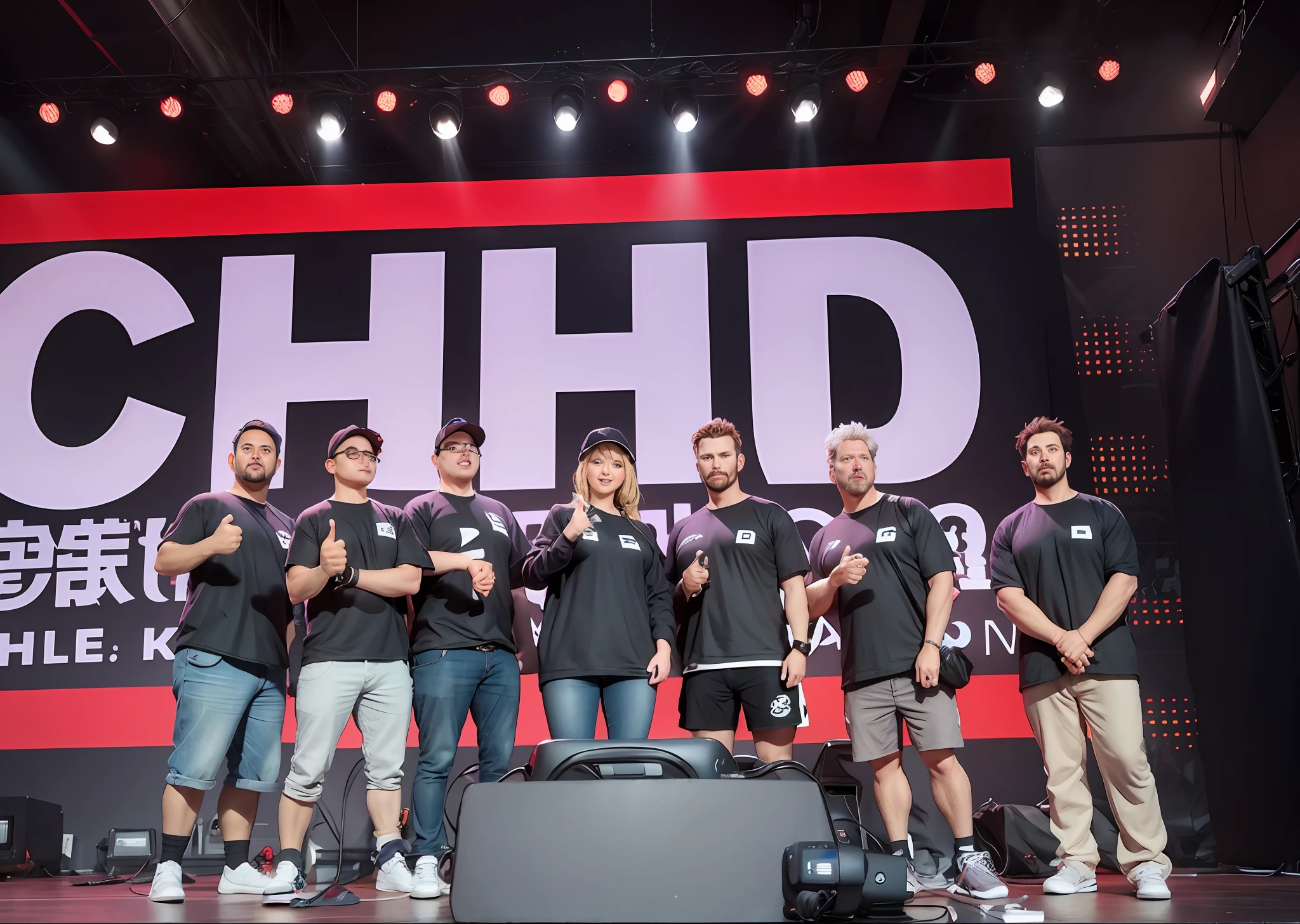 Several people stood on the stage，thumb up，There is a big screen behind him, huhd, h. ved. d, HDRP, 8 khdt, ved. h. d, huhd - 8 k, High Details, <hdt, hdt 4d, high definition detail, High Details, hgh, highly detaild, 3 2 k huhd