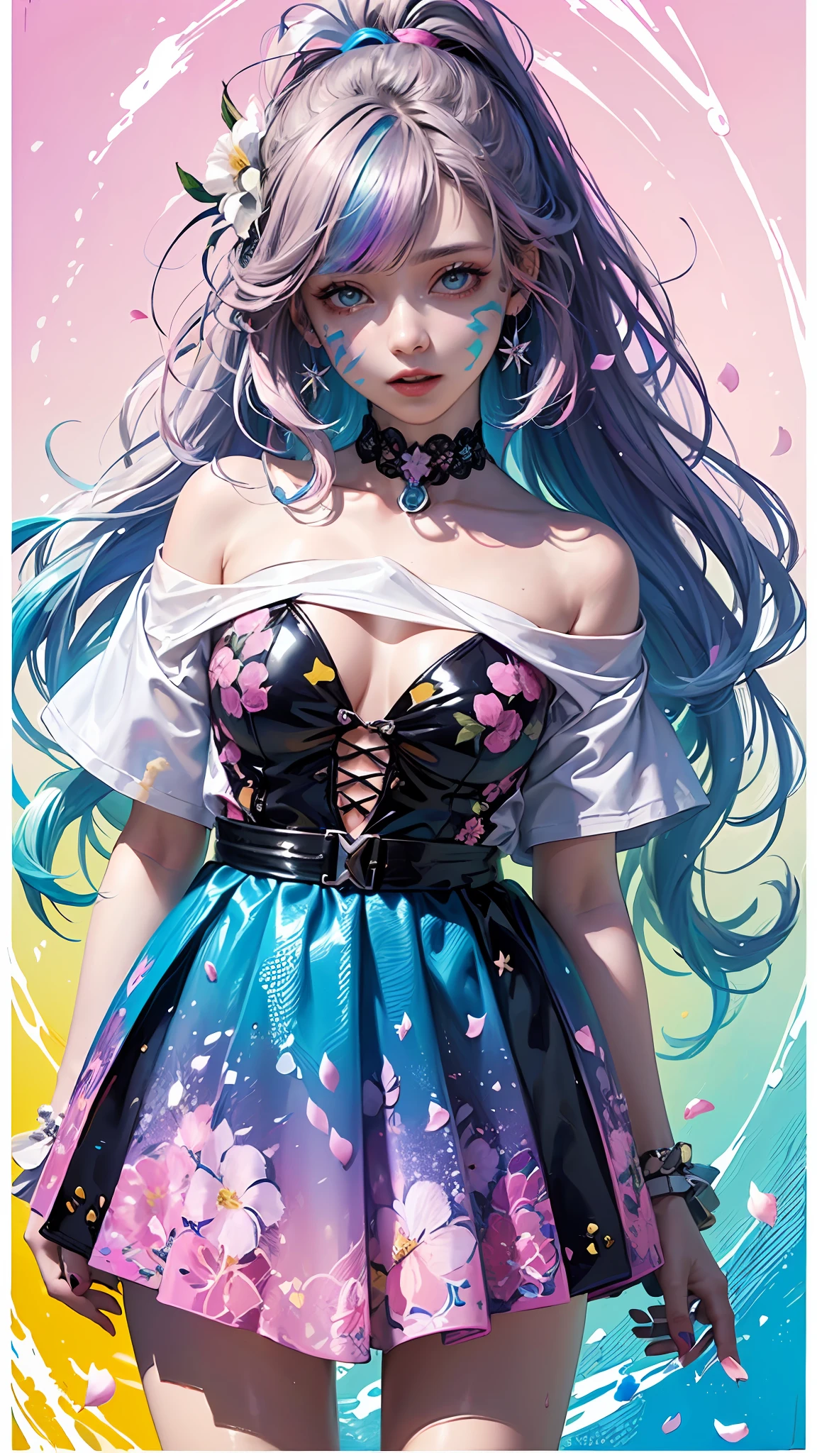 Full Body Portrait、(Pink Fashion T-Shirt:1.9)、(colourful hair:1.8)、(All colors of the rainbow:1.8)、((((vertical painting:1.6)))、(painterly、:1.6)、front Face、comic、An illustration、painterly、、big Eyes、Crystal clear eyes、(Iridescent gradient high ponytail:1.7)、Exquisite makeup、mouth closed、(Small fresh:1.5)、(Wipe chest:1.6)、long eyelash、white off-Ang-shoulder T-shirt、、、White shoulder shirt、Looking at the audience、Big watery eyes、(Iridescent hair:1.6)、 color splash, (solo、、:1.8), color splash, Color explosion, Thick paint style, Messy lines, ((resplendent)), (COLORFUL), (COLORFUL), COLORFUL, COLORFUL, Chic paint style, (Splash) (color splash), vertical painting, upperbody, Paint Splash, Acrylic pigments, gradients, painti, highest quality, highest quality, Master peace、, solo、、, depth offield, face-paint, colorfully clothes, (elegantly: 1.2), Gorgeous,slong hair, Wind, (elegantly: 1.3), (flower petals:1.4)、(((Master peace、)))、(((sthe highest qualit)))、((Super Detailed))、(An illustration)、(dynamic ungle)、((floating))、(painti)、((Tousled Hair))、(solo、、)、(1女の子)、((Detailed Anima Face)))、((Beautiful Detailed Face))、collared、Bare Shoulder、Gray Hair、((colourful hair))、(((streaked hair))、Beautiful Detailed Eyes、(Eyes in gradient colors)、(((colorful eyes))))、(colorful background))))、((((High Saturation))))、(((Surrounded by colorful splashes)))、