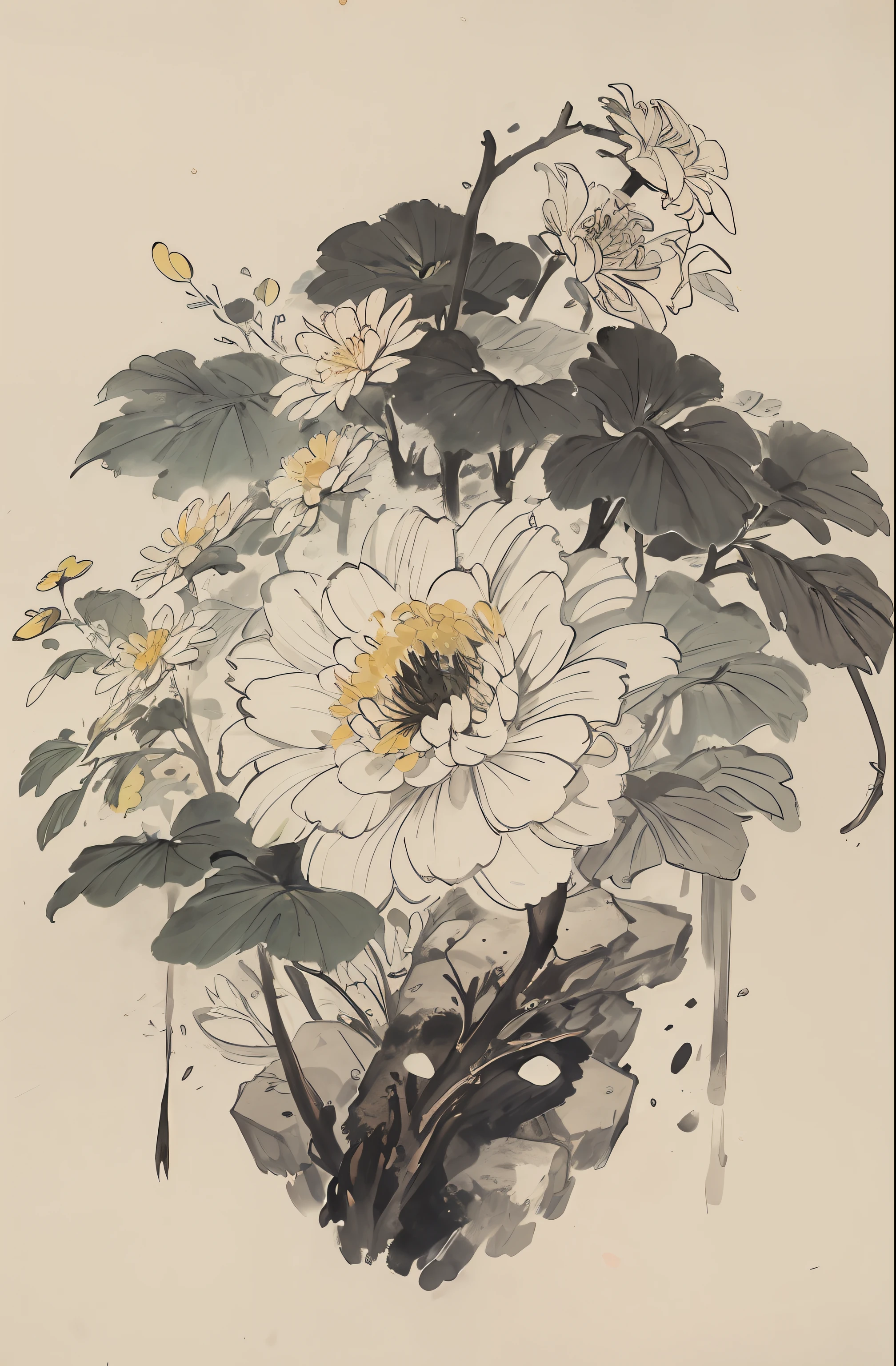 (master masterpiece，best best quality：1.2），chinese traditional ink painting，chrysanthemums，The flowers are conical or globular，Petals come in a variety of colors and shapes，The flower center is often yellow or golden yellow。The stem is erect or obliquely extended，The height can reach tens of centimeters to several meters。The leaves are ovate or inverted ovate，There are jagged edges。The inflorescences vary in morphology，There are scatters、Conical or umbel-shaped inflorescences。The root system is slender and developed。