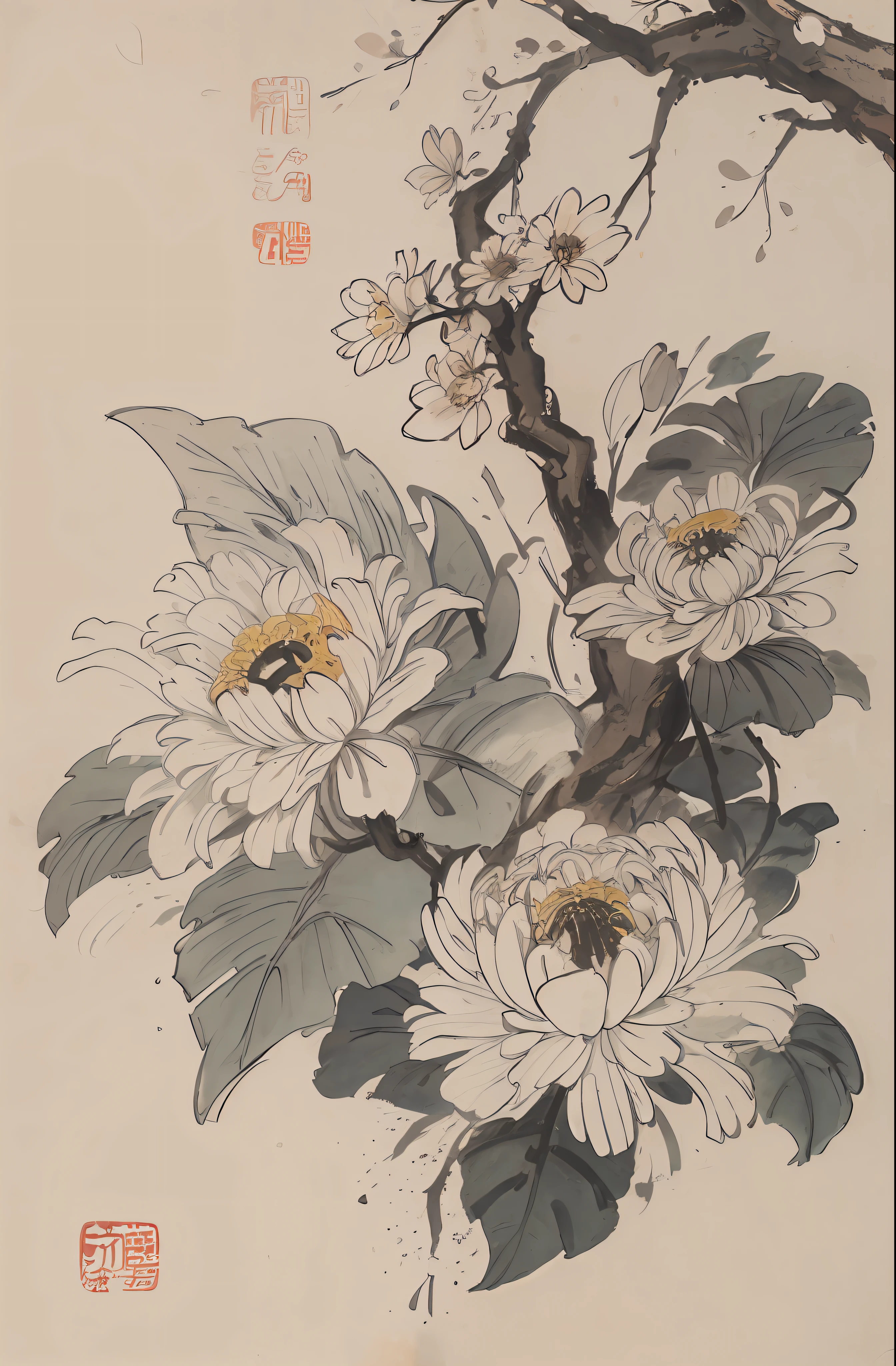 (master masterpiece，best best quality：1.2），chinese traditional ink painting，chrysanthemums，Chrysanthemums have a wide variety of appearance characteristics，The flowers are conical or globular，Petals come in a variety of colors and shapes，The flower center is often yellow or golden yellow。The stem is erect or obliquely extended，The height can reach tens of centimeters to several meters。The leaves are ovate or inverted ovate，There are jagged edges。The inflorescences vary in morphology，There are scatters、Conical or umbel-shaped inflorescences。The root system is slender and developed。generally，Chrysanthemums are changeable and beautiful in shape，It is a floral plant with its own characteristics。