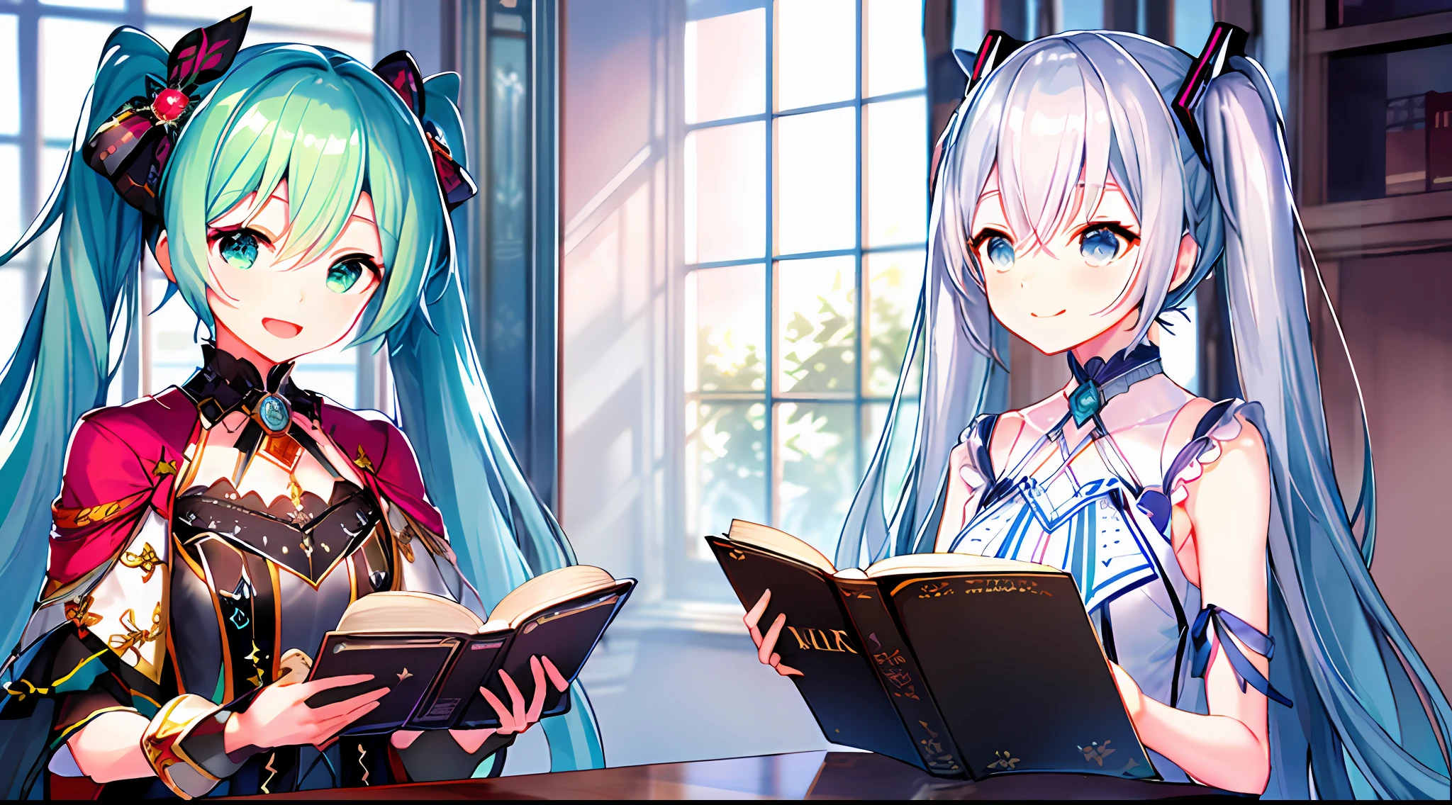 cafes、reading、hatsuneMiku、Sorrisos、solo、(master masterpiece:1.4)、(The Highest Quality:1.4) 、(Shiny Skin)、Impossible dresses、Fantastic light、bok、1The girls、