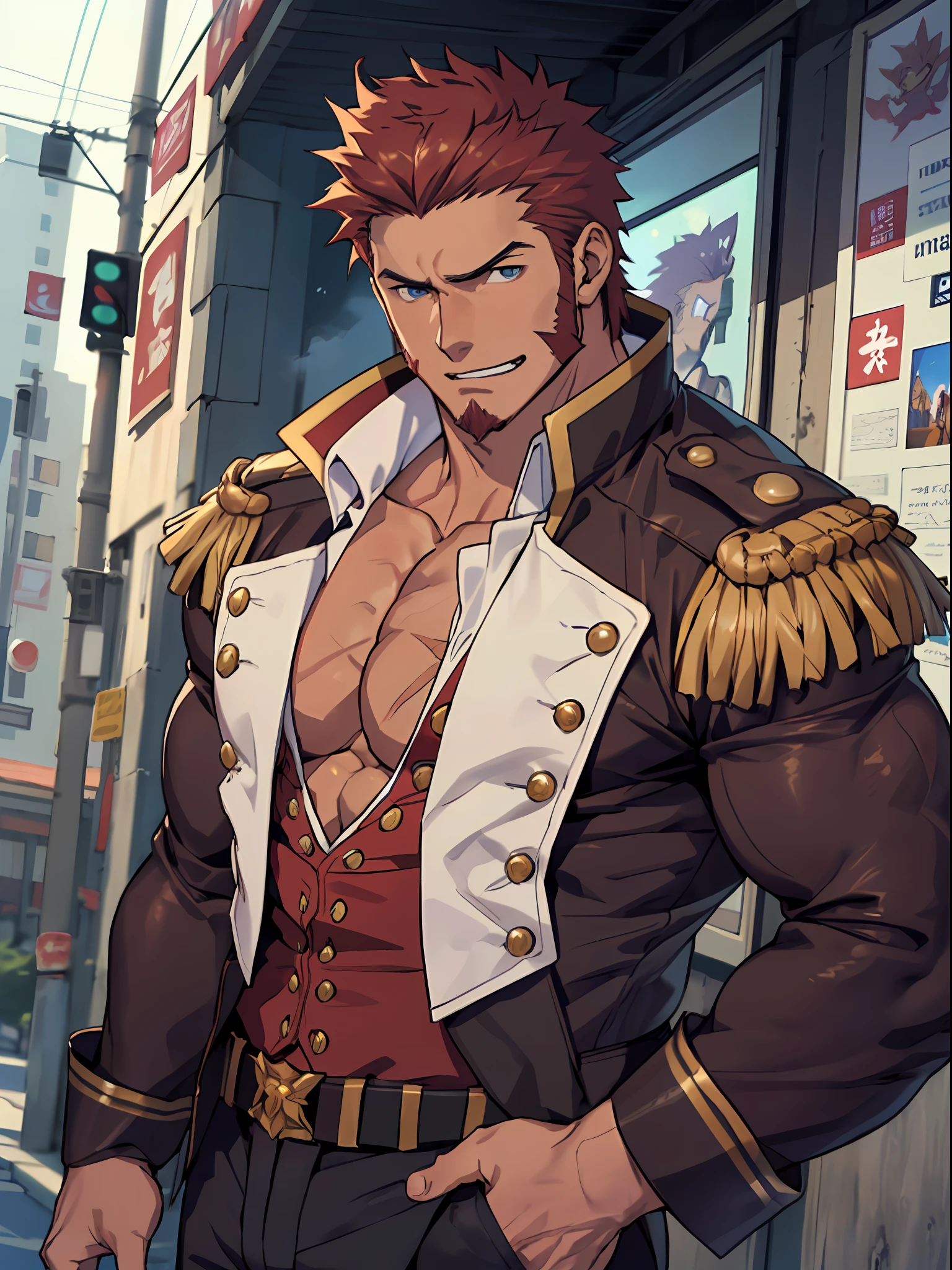 "((Passionate, romantic), (Bara hunk with bulging muscles and rugged features, anatomically correct), (Best quality anime Fate)), Napoleon Bonaparte from Fate, military uniform, showing off,".