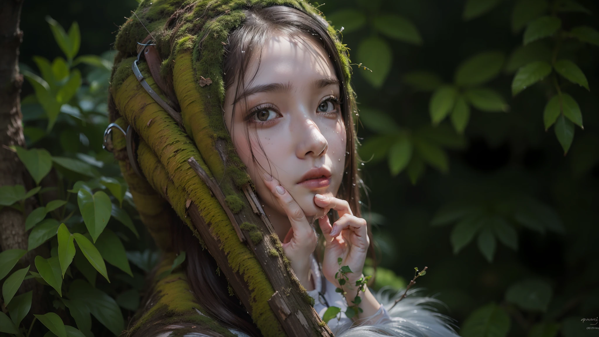 all the head in the moss, the background of the forest, the rain