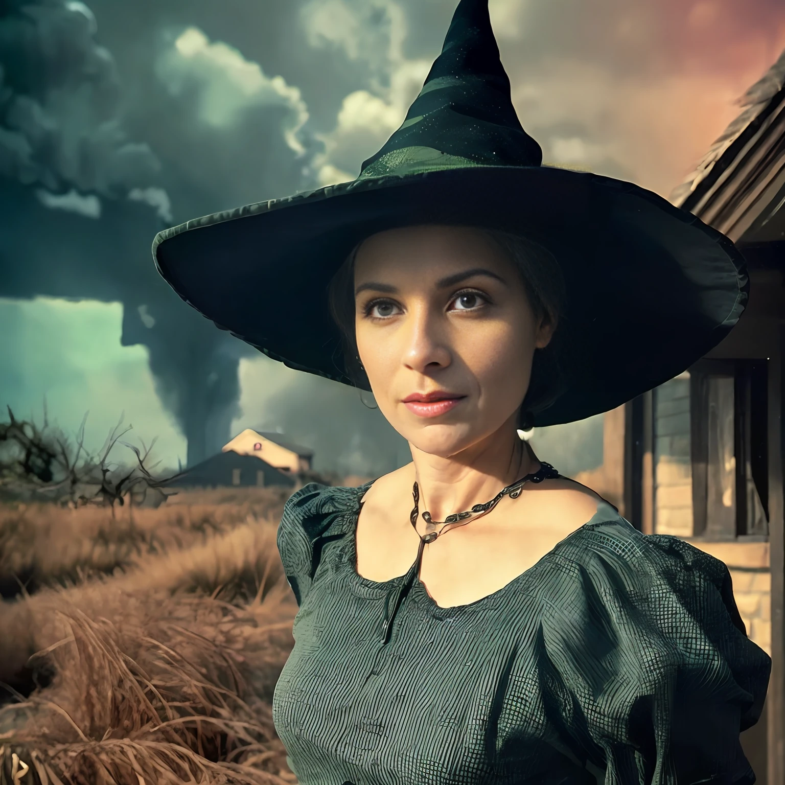 witch in a green dress and hat standing in front of a house, wicked witch of the west, beautiful female wicked witch, granny weatherwax, portrait of a witch, witch woman, mrs doubtfire as a witch, classical witch, a witch, scarry but bewitching, witch, middle-aged witch, rebecca romijn as dorothy