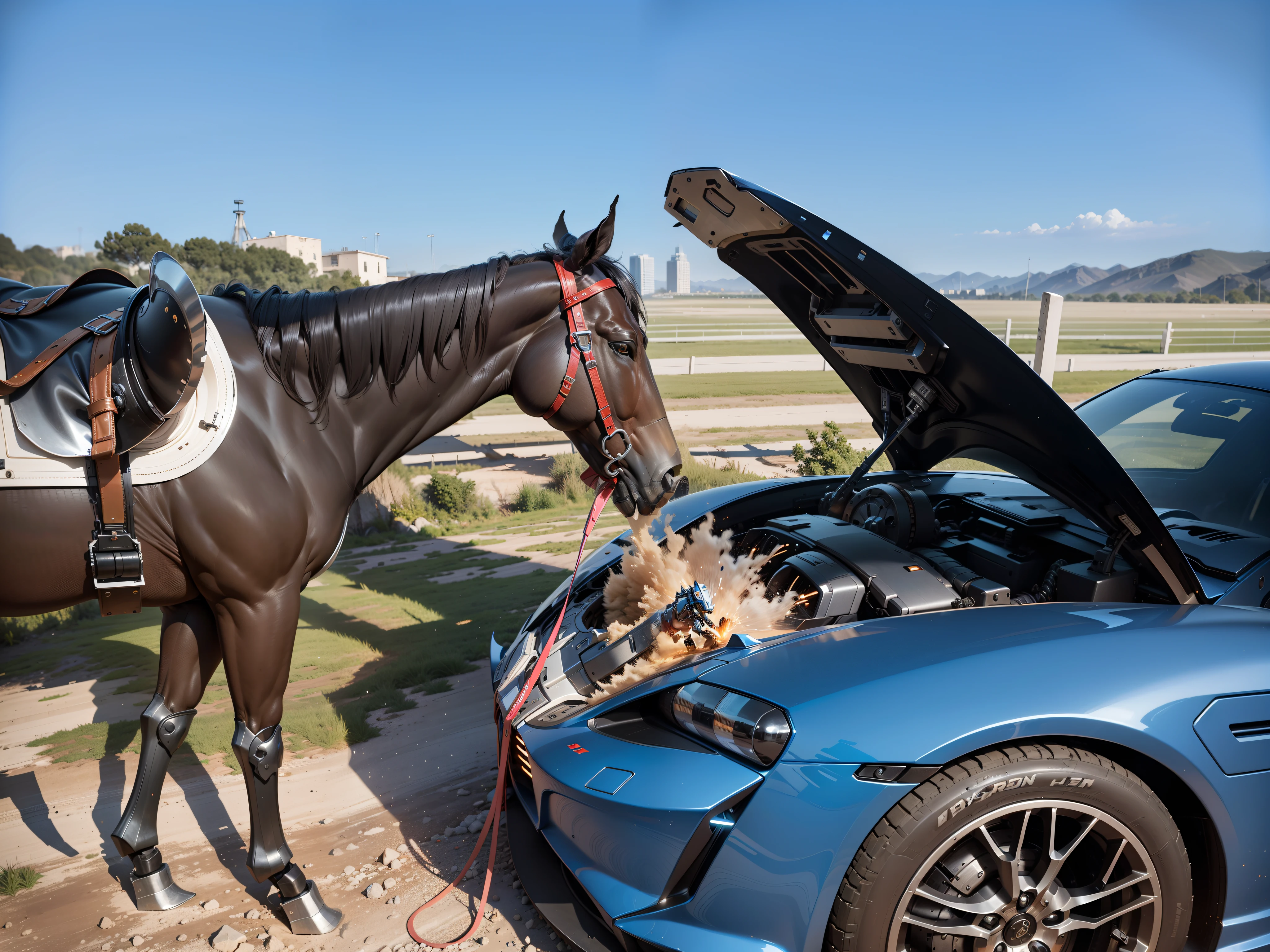 Cybermechanical warhorses graze,Nousr, Biomechanics, MSHN Robot Man,High-tech helmet,HyperRealistic, steel, complex design, Insanely Detailed, Fine details, Extremely sharp lines, cinematic Lighting, Photo realistic, A Detailed Masterpiece