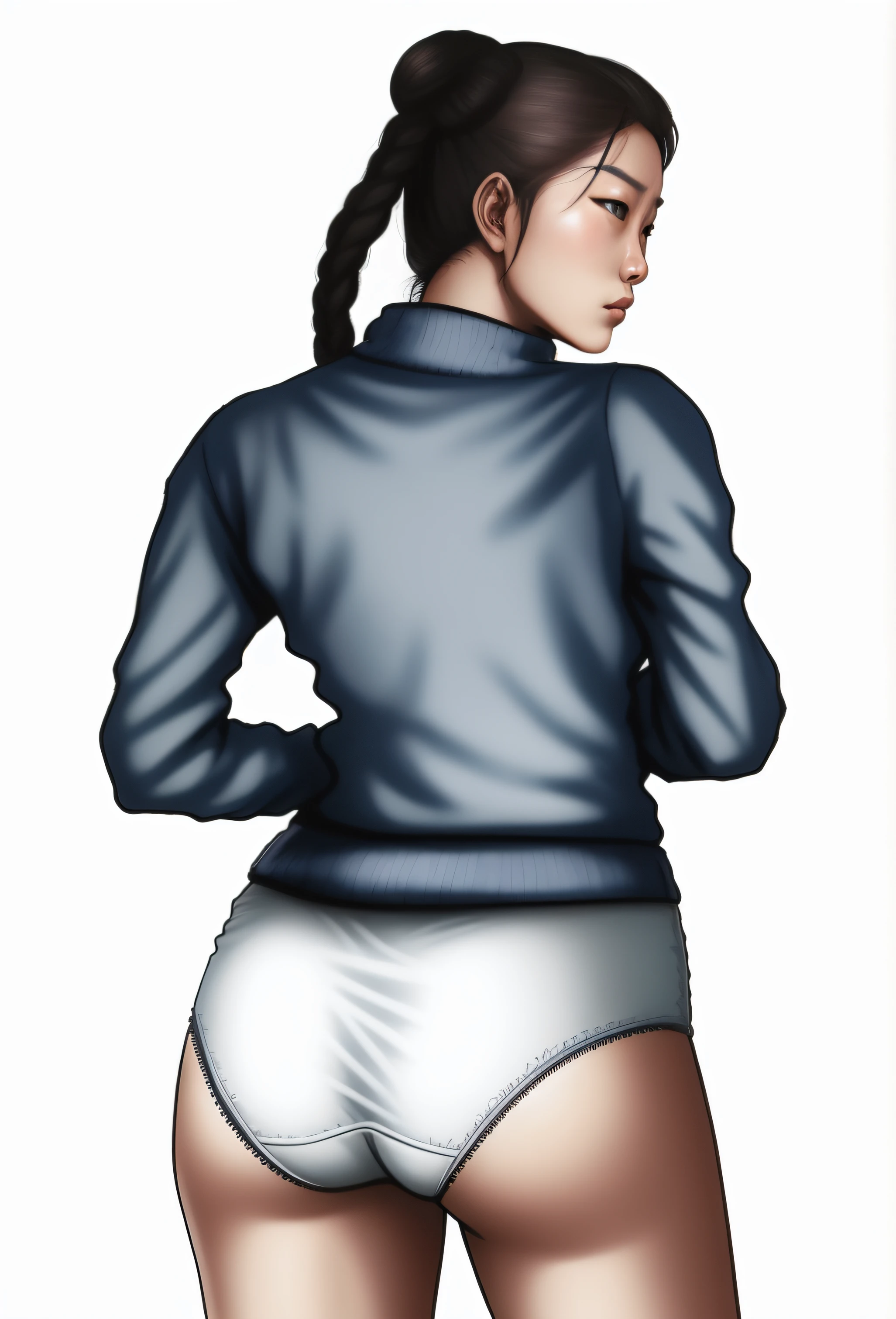 Chinese woman in blue sweater and white cotton panties, comic book art style, intricate details