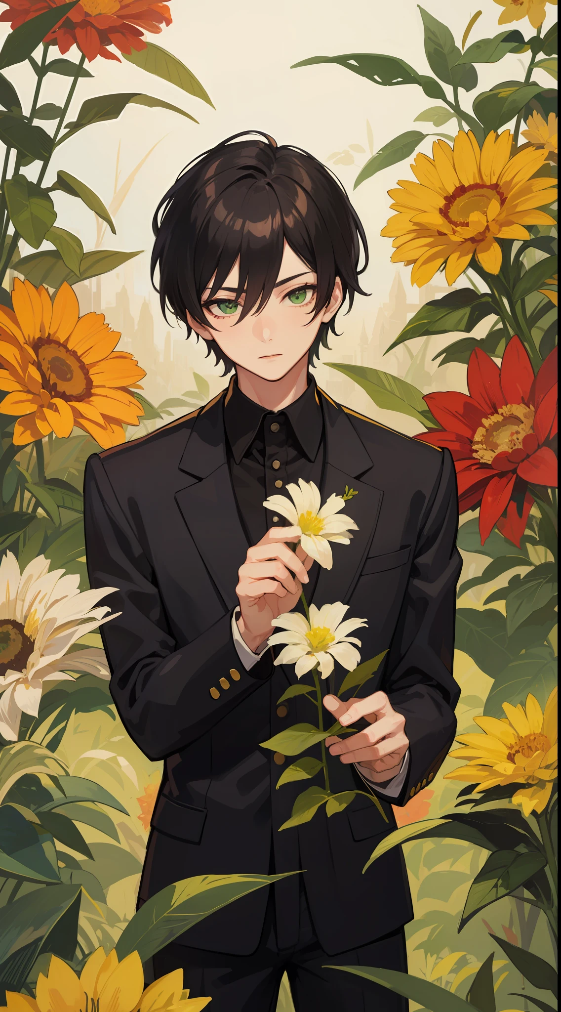 1 uncle, wearing a black suit, black hair style modern style, sharp green eyes, he is human with sharp stare, beautiful flower scenery, he just ordinary man who likes flower ((25 year old face)) ((no multiple people))