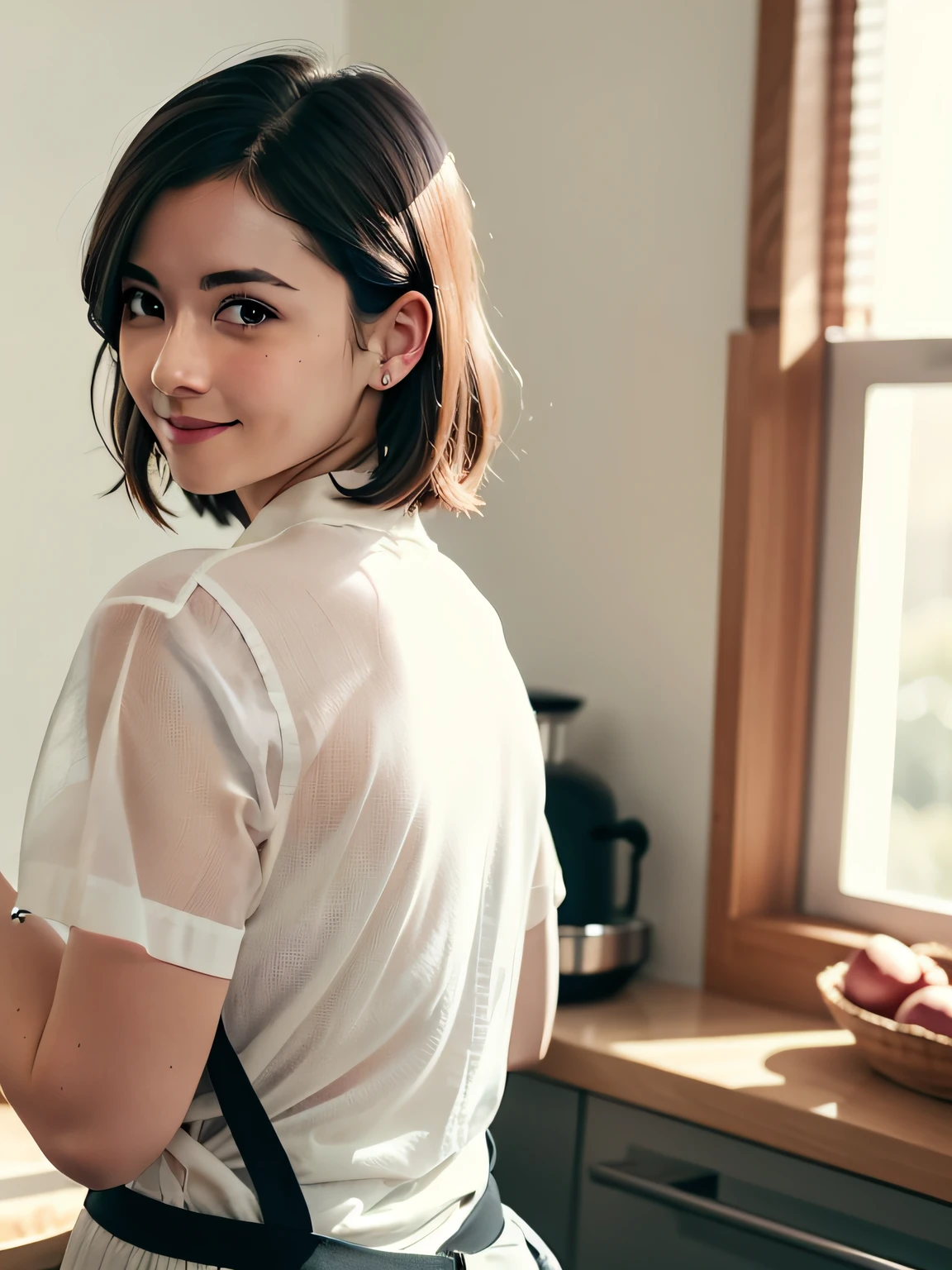 girl with short hair，23岁，solo，Worked in a commercial bakery（（Put your hands on her small back）），wears a（Full apron）and panties，No tops，Nude on top，White opaque shirt，Open the shirt，Striking gray eyes，Medium length wavy and obsidian black hair，Slight smile，small boobs，Detailed beautiful face，（（Clean face））;Emma works in the kitchen or bakery，A young but experienced worker。 Natural sunlight pours in from the off-screen windows。 She is often tired，But whenever someone greets her，She would smile and cheer up。 hard-working，But delicate and ethereal。 Her inky black hair contrasts with her bright gray eyes。

photograph of a：1.7， （Real photograph）， （Photo Realism：1.5）， （best best quality：1.4）， （Super High resolution：1.2）， （PhotoRealistic：1.4）， （8k， RAW photos：1.2）， （Soft Focus：1.4）， （sharpen focus：1.4）， （realskin）， （（Optimal anatomy））， （Circular aperture））