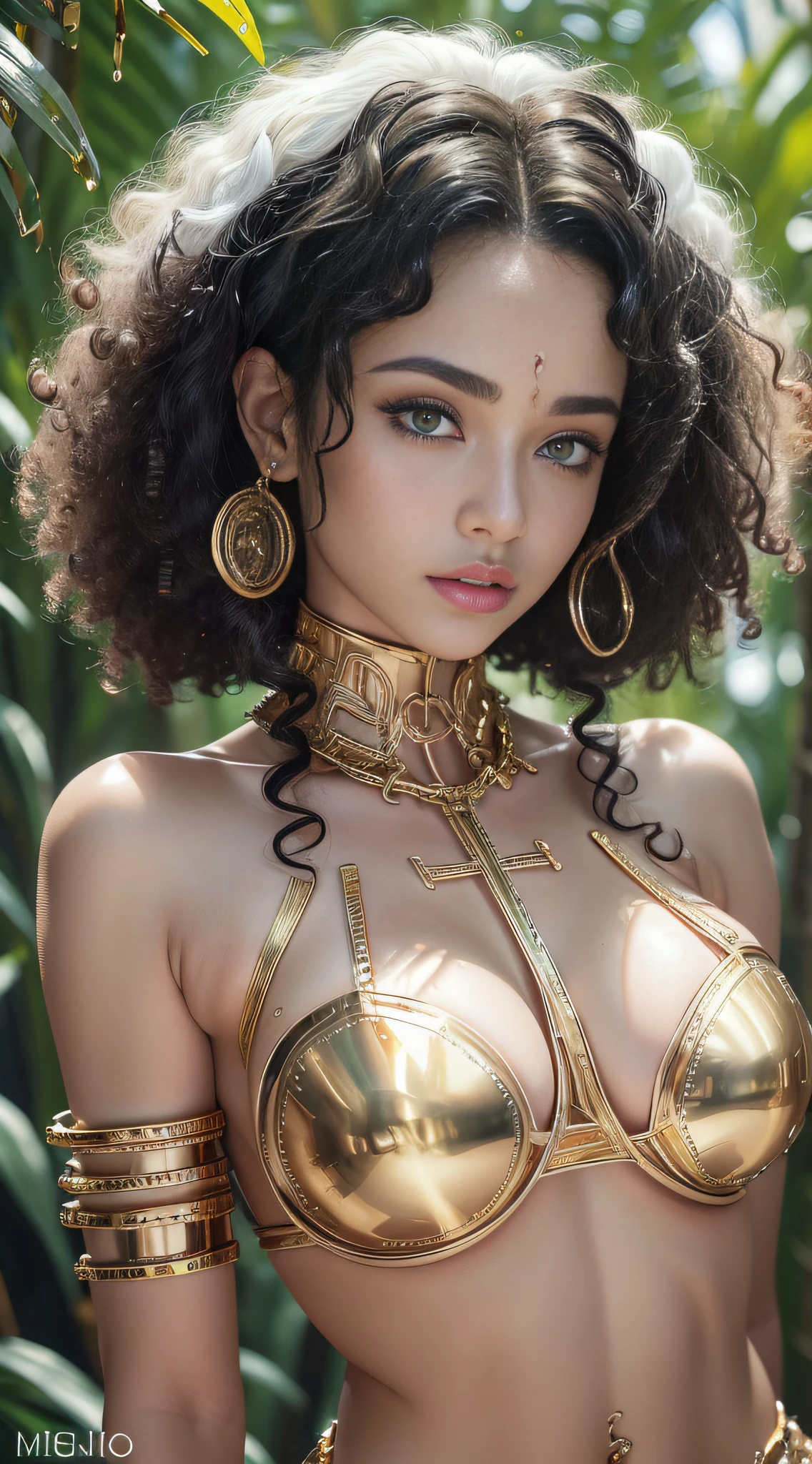Woman naked in gold body jewelry, Highly Detailed Face and Skin Texture, ((white skin)) big green eyes, slim face, juicy lips, bimbo lips, big bimbo puffy breast, mikro breastplates ((afro curly Black hair)), pale skin, Detailed Eyes, Double Eyelids, cyberpunk gold metal jewelry BDSM, gold metal cyberpunk tapes on body, metal Collar, metal gold futuristic tiny Panties t-strings, metal panties, metal stickini, metal cupless bra, metal clothes, gold body jewelry, wet skin, she is naked. White skin, she is im Wilde dark jungle with big trees. masterpiece