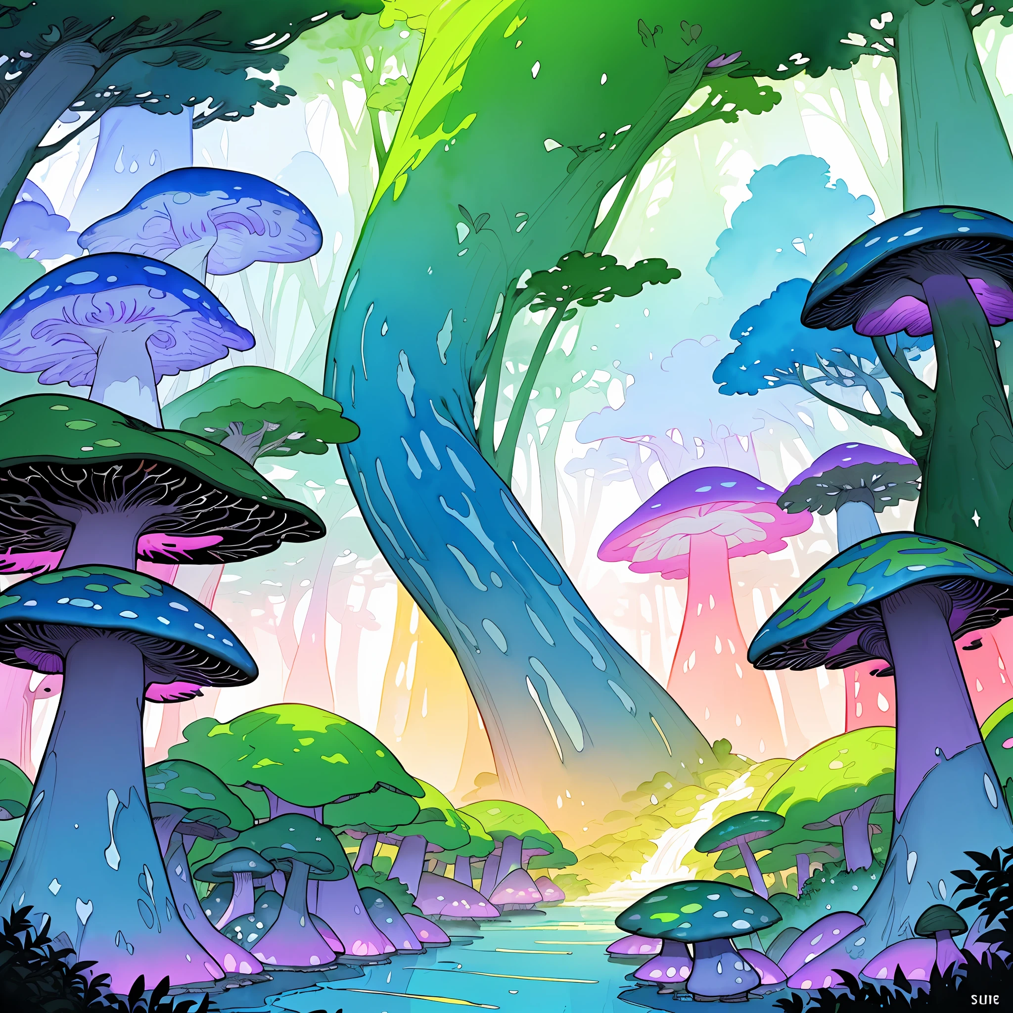 shukezouma,(illustration:1.1),(best quality),(masterpiece:1.1),(panorama shot:1.3),(full body:1.25),(solo:1.2),highres, (ink splashing),(color splashing),(watercolor)  Enchanted Forest: Create a magical forest with towering trees, vibrant foliage, and sparkling streams. Add glowing mushrooms, whimsical creatures, and ethereal lighting to enhance the enchanting atmosphere.