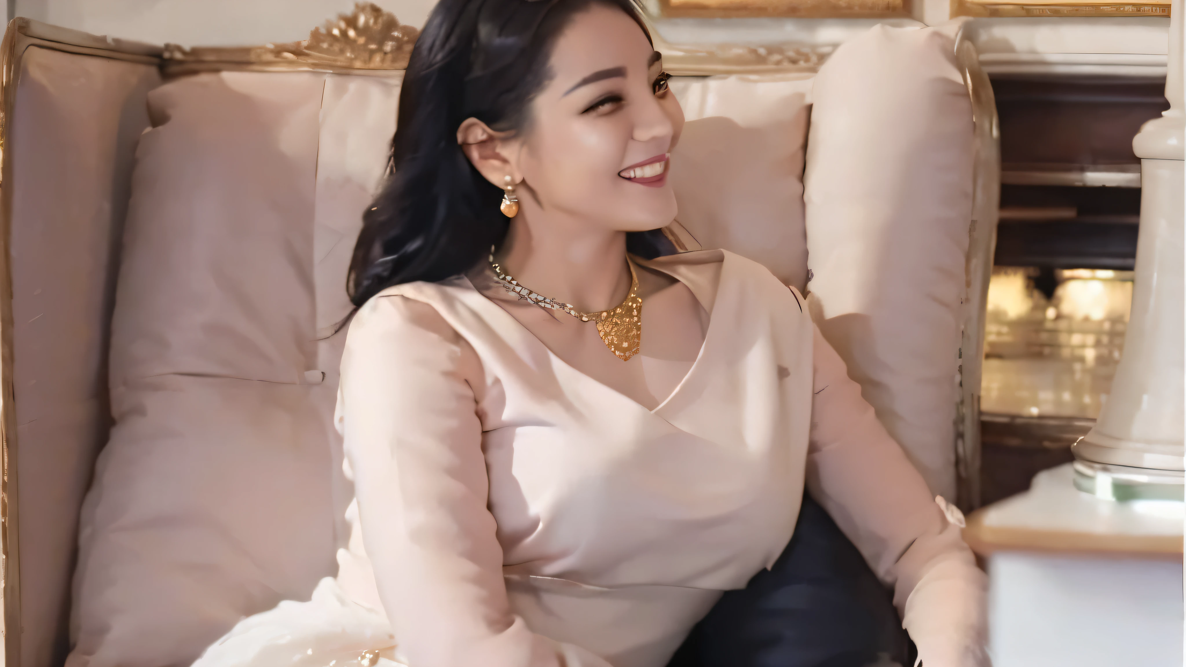 Woman sitting in pink chair,Wearing a gold necklace and earrings, Youthful face,Sorrisos,with big eyes