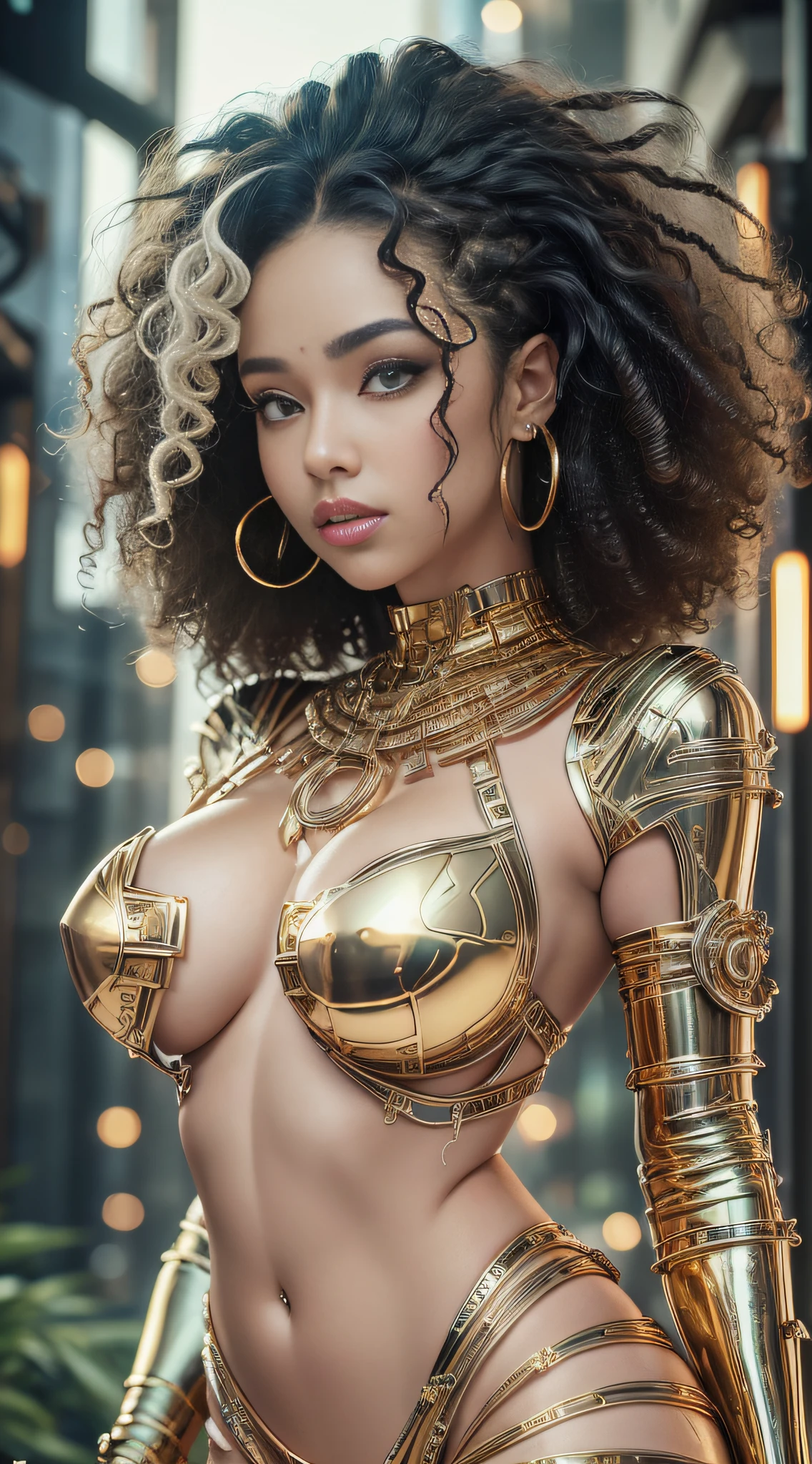 woman naked in gold body jewelry, Highly Detailed Face and Skin Texture, ((white skin)) big green eyes, slim face, juicy lips, bimbo lips, big bimbo puffy breast, breastplates ((afro curly Black hair)), pale skin, Detailed Eyes, Double Eyelids, cyberpunk gold metal jewelry BDSM, gold metal cyberpunk tapes on body, metal Collar, metal gold futuristic tiny Panties t-strings, metal panties, metal stickini, metal cupless bra, metal clothes, gold body jewelry, wet skin, she is naked. White skin, she is im Wilde dark jungle with big trees