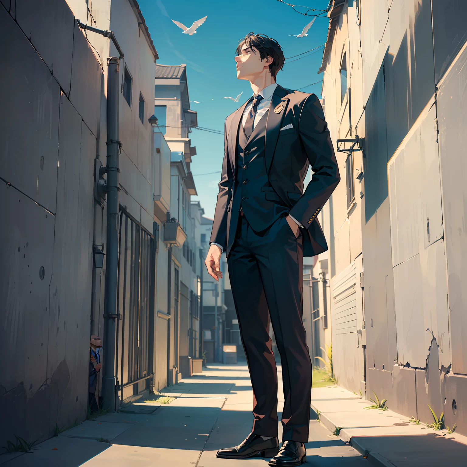 (A man wearing a suit standing in front of the prison gate: 1.9) (Looking up at the sky with a sense of longing or hope: 1.8) (Expression on the man's face showing contemplation or determination: 1.7) (Contrast between the formal attire and the somber environment: 1.8) (Atmosphere of freedom and aspiration: 1.6)