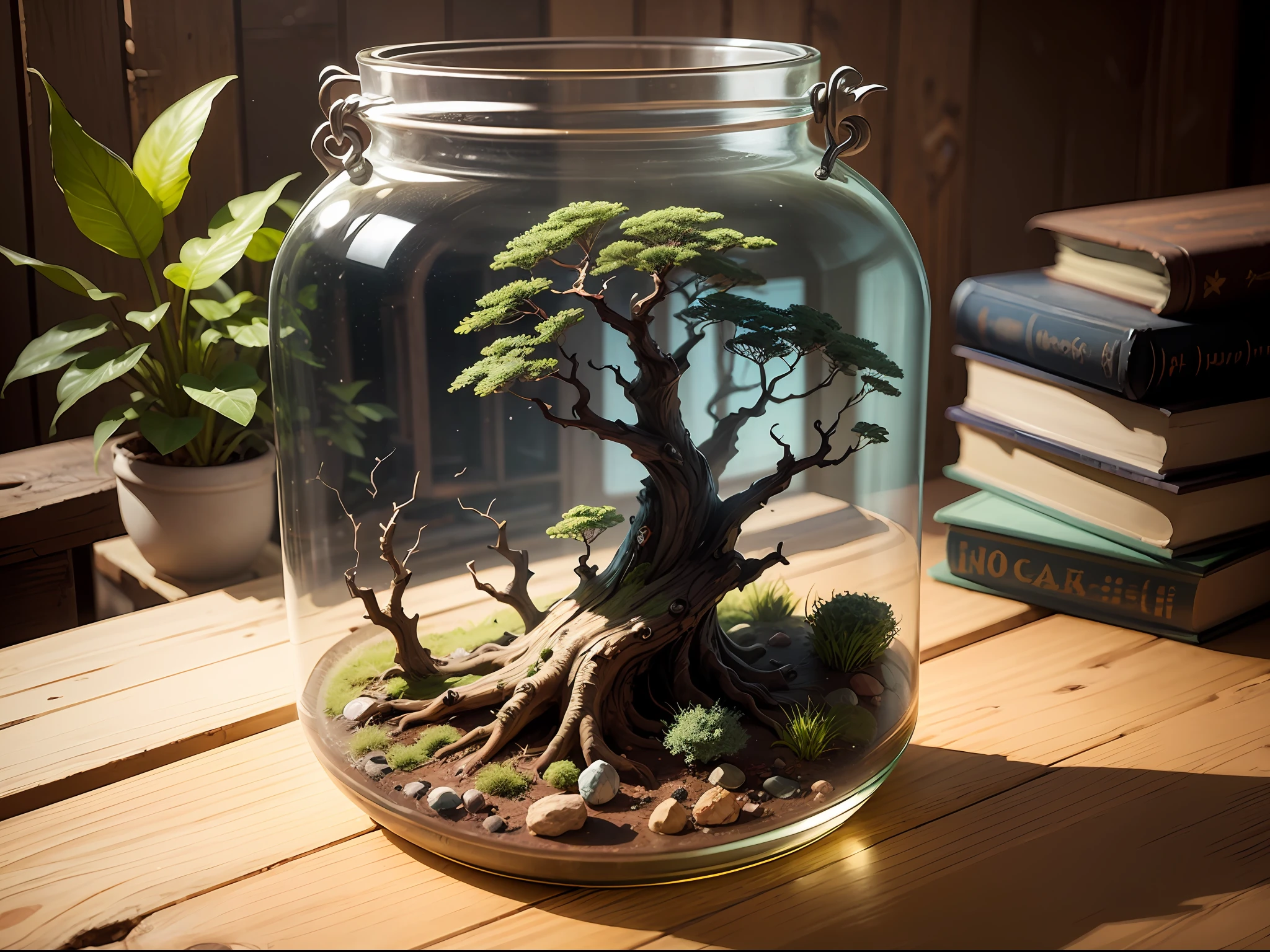 The ecosystem in a jar life on a wooden desk. super detailed. natural light --auto