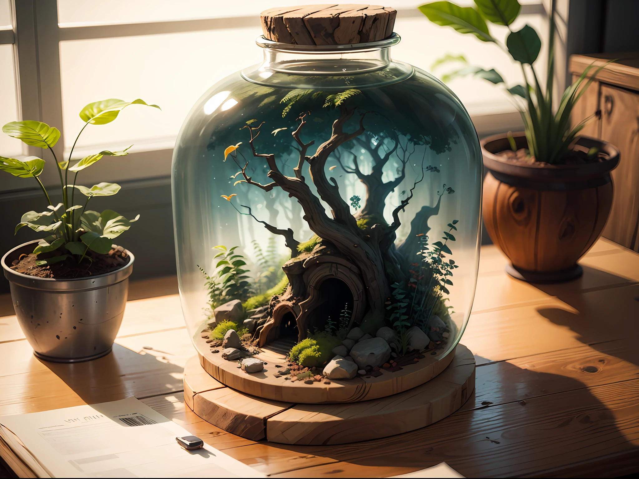 The ecosystem in a jar life on a wooden desk. super detailed. natural light --auto