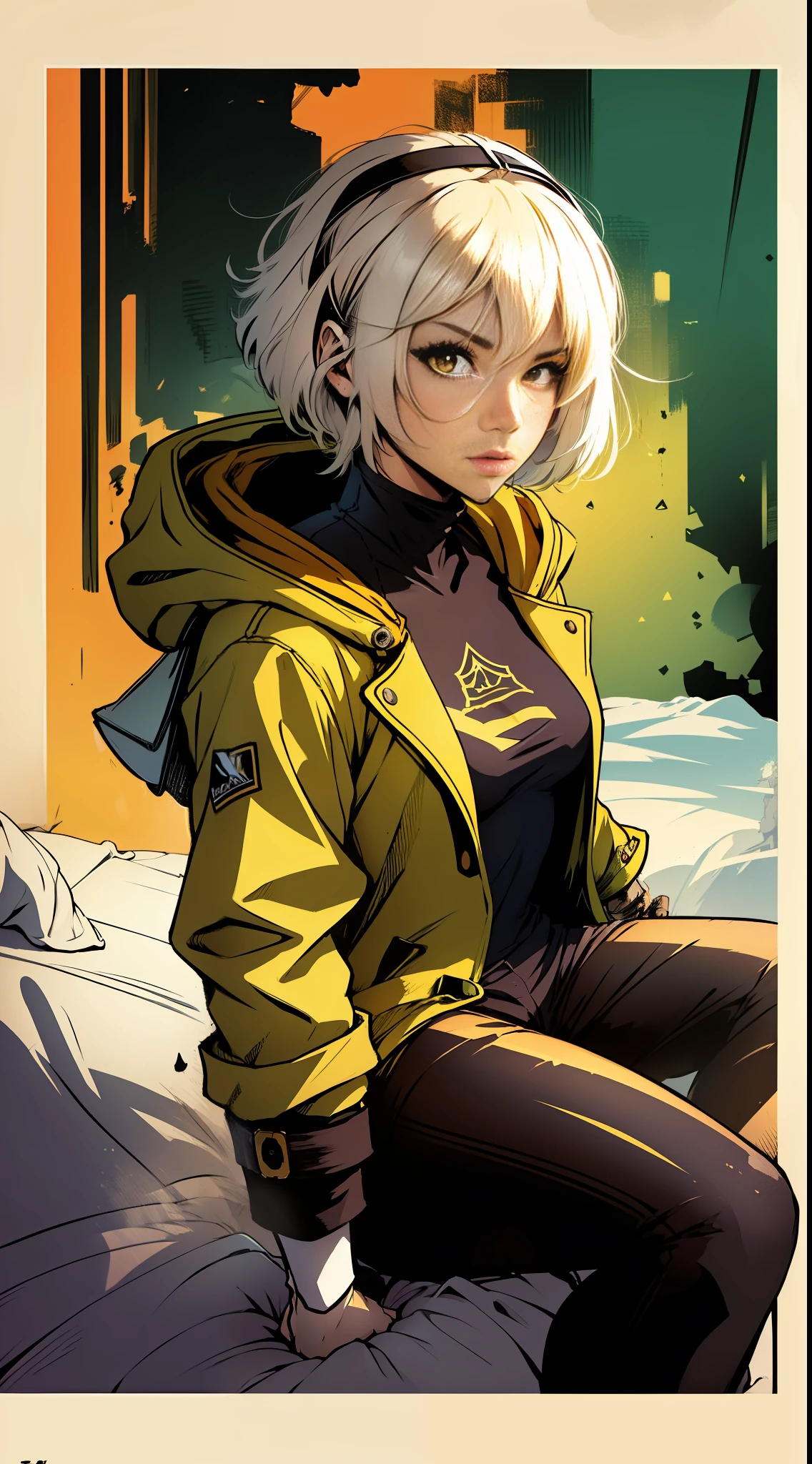 comic print cover art, I want a female character with exactly these characteristics:-- a little girl sitting on a bed with a headboard, full body, short stature, shoulder-length white hair, yellow eyes, wearing 1 black T-shirt, 1 black pants, ALL-STAR sneakers yellow, 1 yellow overcoat, yellow overcoat covering the whole body, yellow overcoat, hood down, lateral angle of the character, in the background a black cat, an advertising poster, (written the phrase aryendell), white hair, messy hair, short hair, hood down, solid circle eyes, yellow eyes, parted lips, v-shaped eyebrows, goggles on headwear, anime, Pop art, Ghibli-like colours, anaglyph, afterimage, outside border, fading border, symmetry, collage, cowboy shot, vanishing point, from side, 360 view, Eye-Level Shot, Canon, UHD, retina, masterpiece, ccurate, anatomically correct, super detail, high details, high quality, award winning, best quality, highres
