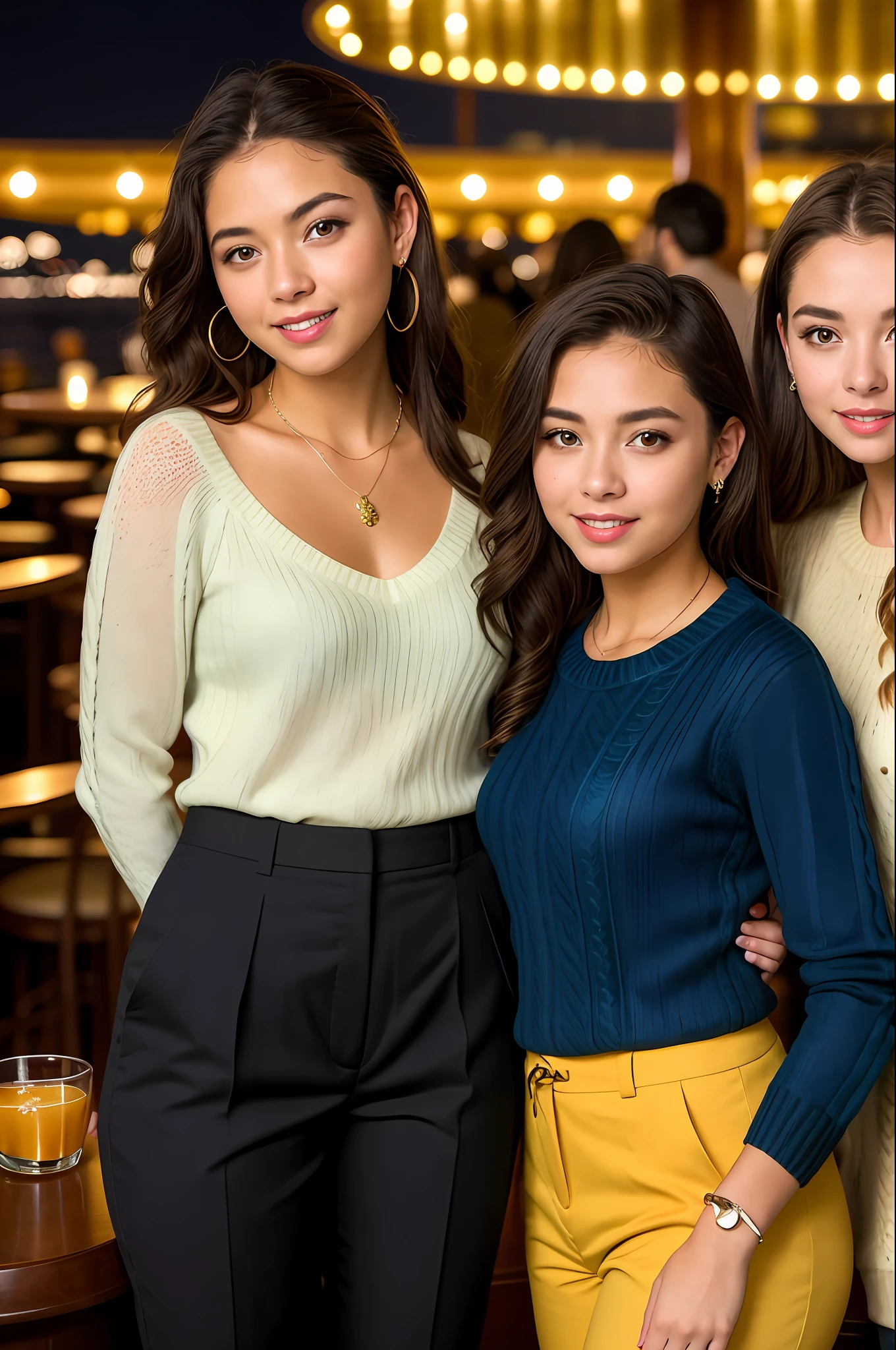 3girls women nautical wear sweater slacks at the bar lounge luxury yacht carribean ocean night time (masterpiece:1.2) (photorealistic:1.2) (bokeh) (best quality) (deck party) (intricate details) (8k) (HDR) (analog film) (canon d5) (cinematic lighting) (sharp focus)