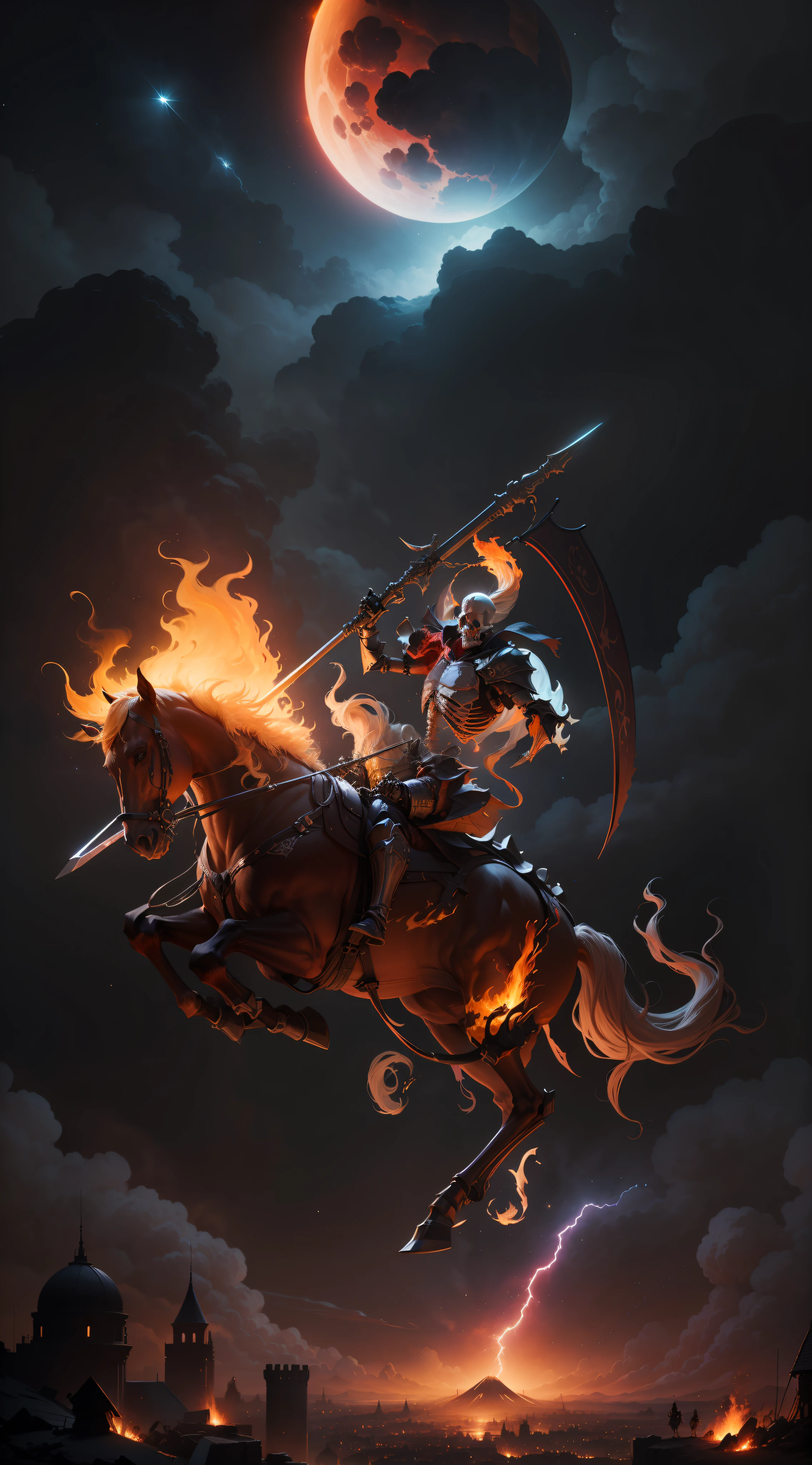 Medieval castle, Fire arrow, Hand-held pyroweapon,（（A skeleton knight））,（（The skeleton horse））, Ride on a skeleton horse, Light armor, dark cosmic sky clouds with lightning, volcano in the background erupting, planets in the sky, golden and red armor, Skeleton horse with red eyes, supernatural world, scorched earth, Destroyed cities, lamped in the sky, pterodactyl flying, (master masterpiece，, excellent quality, bestbestquality, 8k, great resolution), Dramatic lighting,Dark background，Ruined castle.Theatrical lighting,Movie light