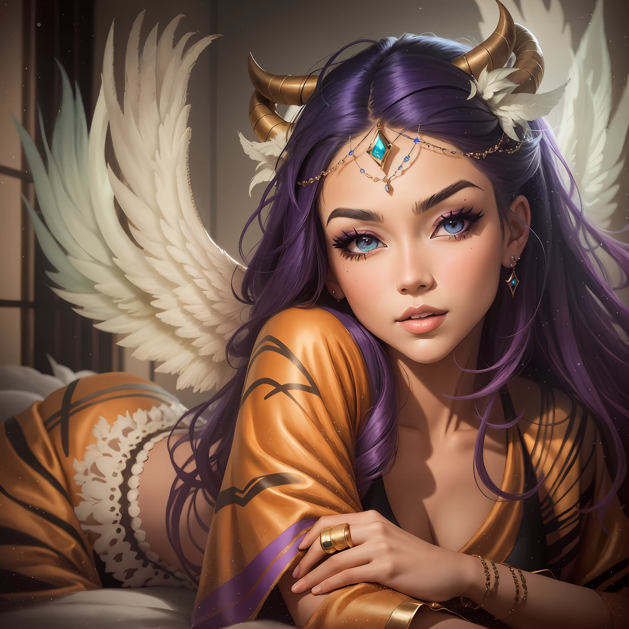 arafed woman with purple hair and horns laying on a bed, Artgerm Julie Bell Beeple, artgerm on artstation pixiv, in the style of artgerm, artgerm detailed, Artistic style, extremely detailed artgerm, in the style artgerm, as seen on artgerm, style artgerm,white wings