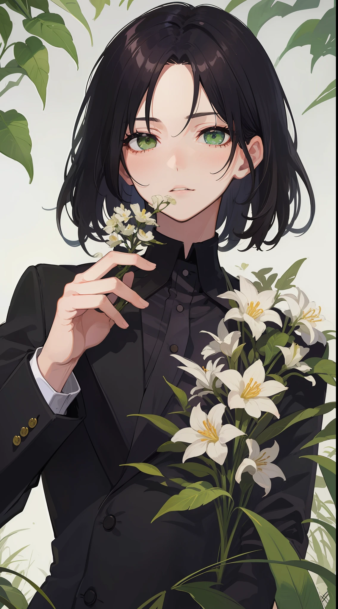 1 uncle, wearing a black suit, black hair style modern style, sharp green eyes, he is human with sharp stare, beautiful flower scenery, he just ordinary man who likes flower ((25 year old face)) ((no multiple people))