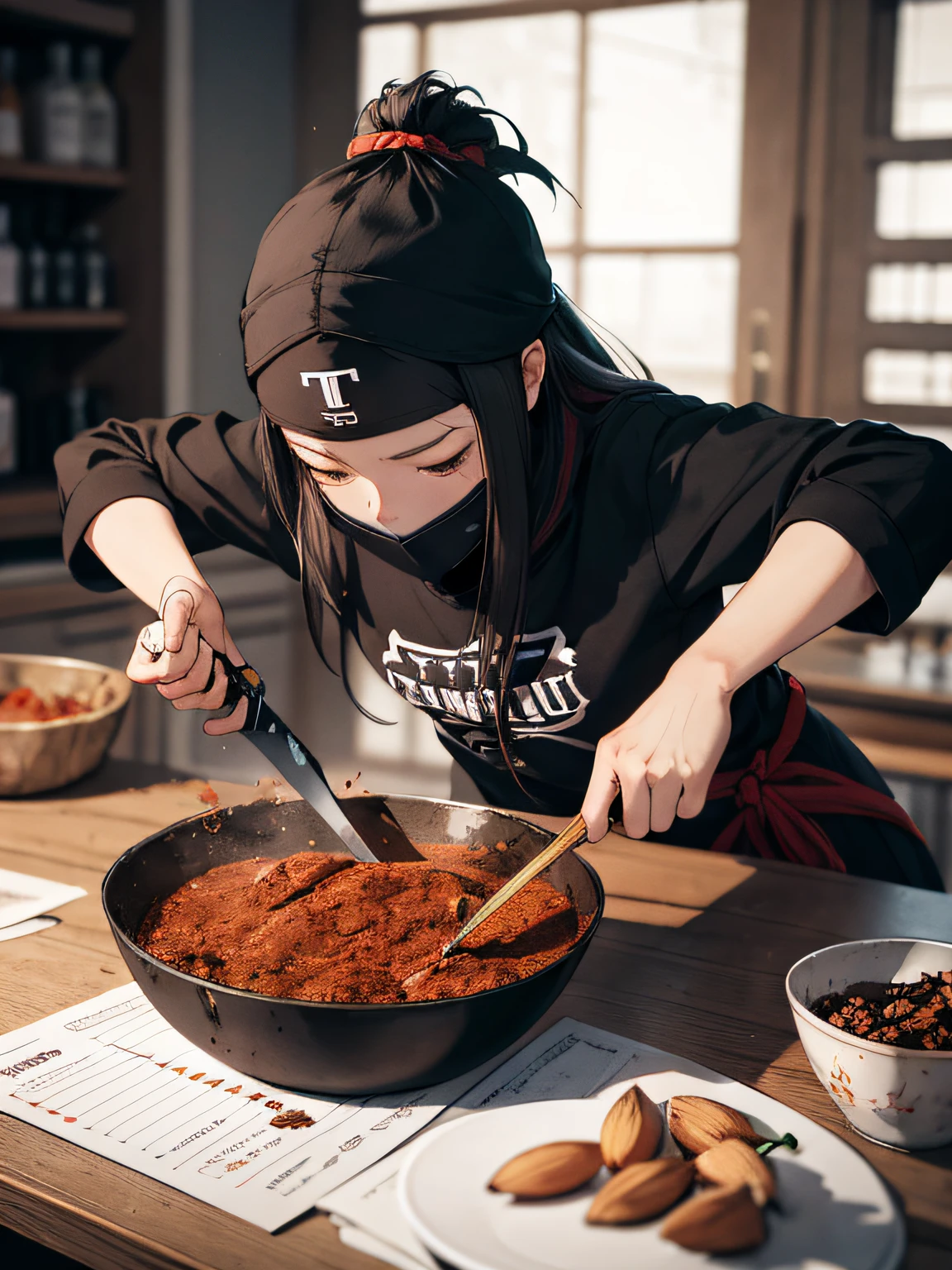 chili pepper、garlic、Almonds are coming down from above、Ninja disconnects。MIX,For bottles、Spread in a spiral、almond、chili pepper、garlic、If the oil is、The image of going inside。、Highres、Super Detailed、(ninja girl:1.3)、The moment when falling food is cut with a sword、a ninja、shuriken、Ninjutsu、stealth、acrobat、Shadow Technique、Lettering art、graphic design