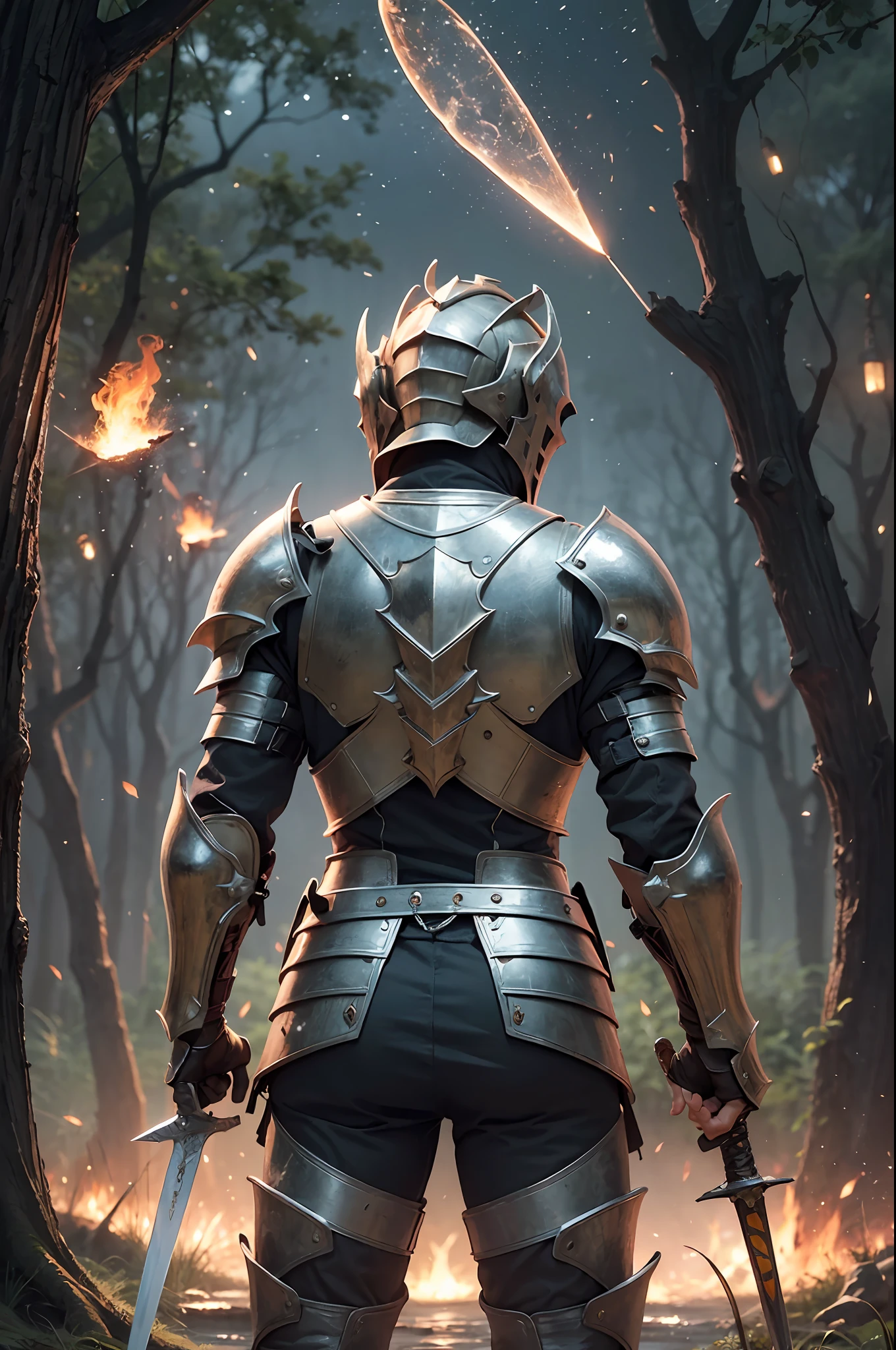 (masterpiece), (best quality), (ultra-detailed), 1 boy, knight, Faced with an illuminated giant tree, fireflies, light particles, night, swamps at the foot of the giant tree, Armor of the broken knight, back view, holding a fiery sword by hand, Dragon in the farms all over heaven, epic atmosphere, Meteorites falling from the sky