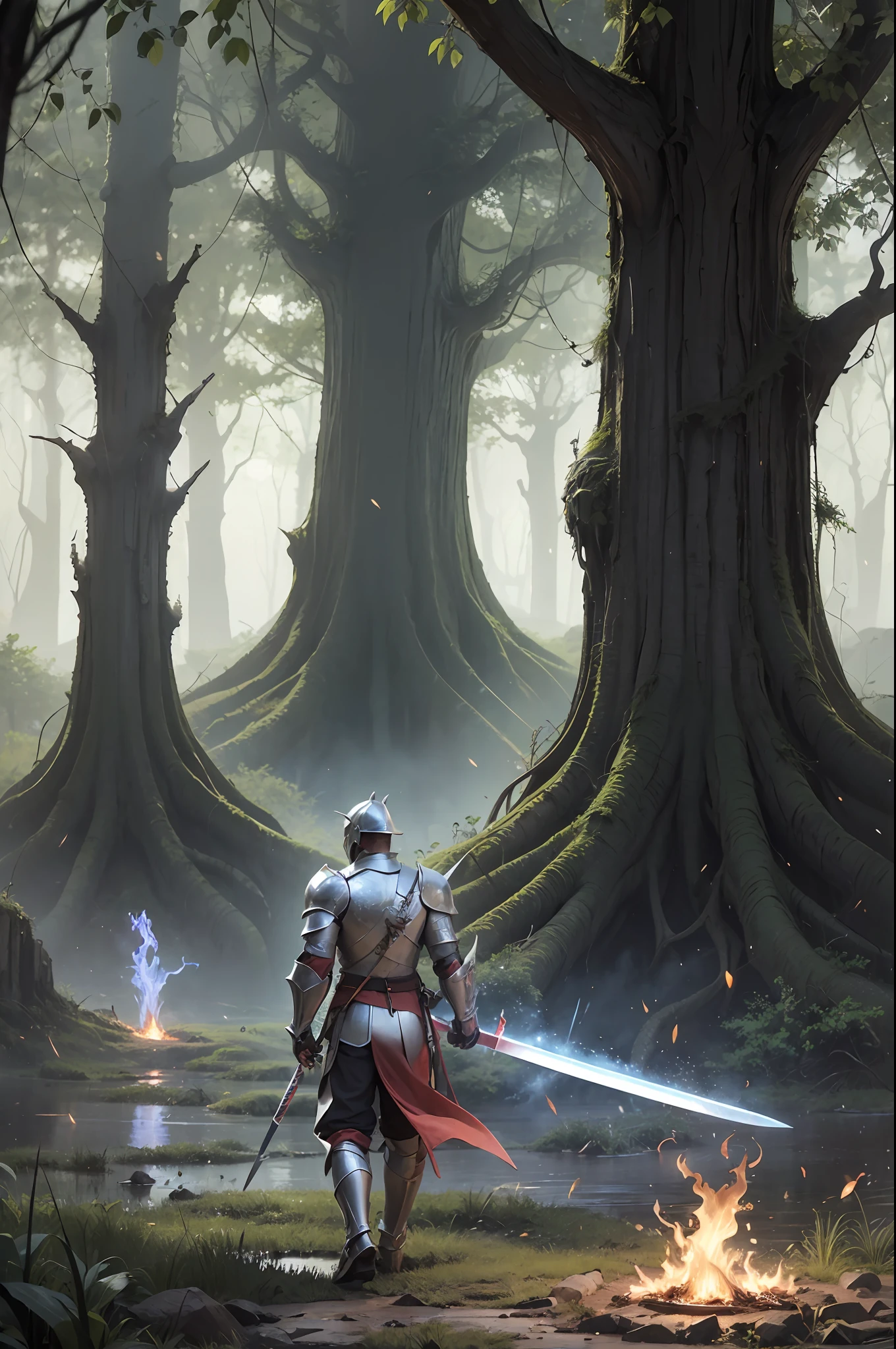 (masterpiece), (best quality), (ultra-detailed), 1 boy, knight, Faced with an illuminated giant tree, fireflies, light particles, night, swamps at the foot of the giant tree, Armor of the broken knight, back view, holding a fiery sword by hand, Dragon in the farms all over heaven, epic atmosphere, Meteorites falling from the sky