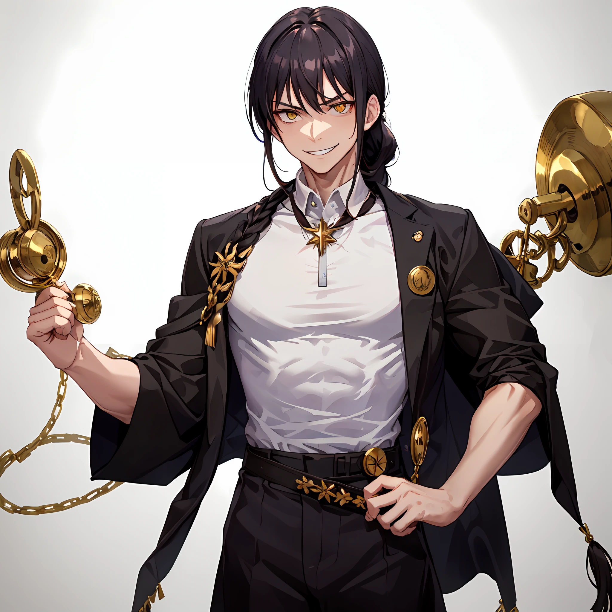an imposing-looking Navy man, with a charismatic but ferocious smile. athletic body in calisthenics style, white t-shirt with a medal of honor and a white cape on the back. black hair ponytail, carrying brass knuckles.