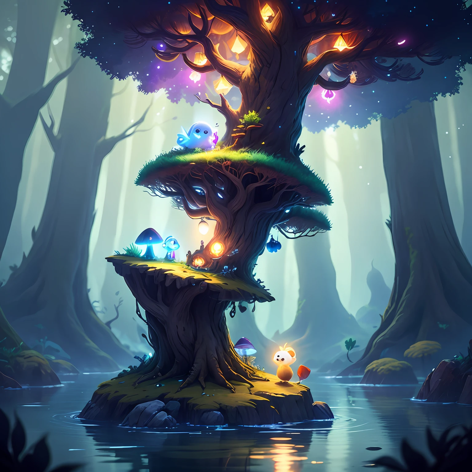 spiritual tree, twilight ray, blonde light, s starry sky, forest with water and rock and bright mushroom, (Ori and the Blind Forest), (Ori and the Will of the Wisps), 2D game, Digital art of, realistic scale, sharp focus, (HDR), (8k), (gigapixel), ((master masterpiece，))